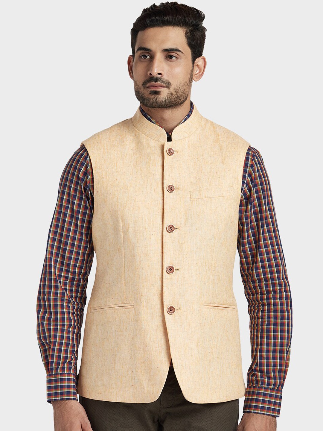 

ColorPlus Men Medium Yellow Woven Design Nehru Jacket