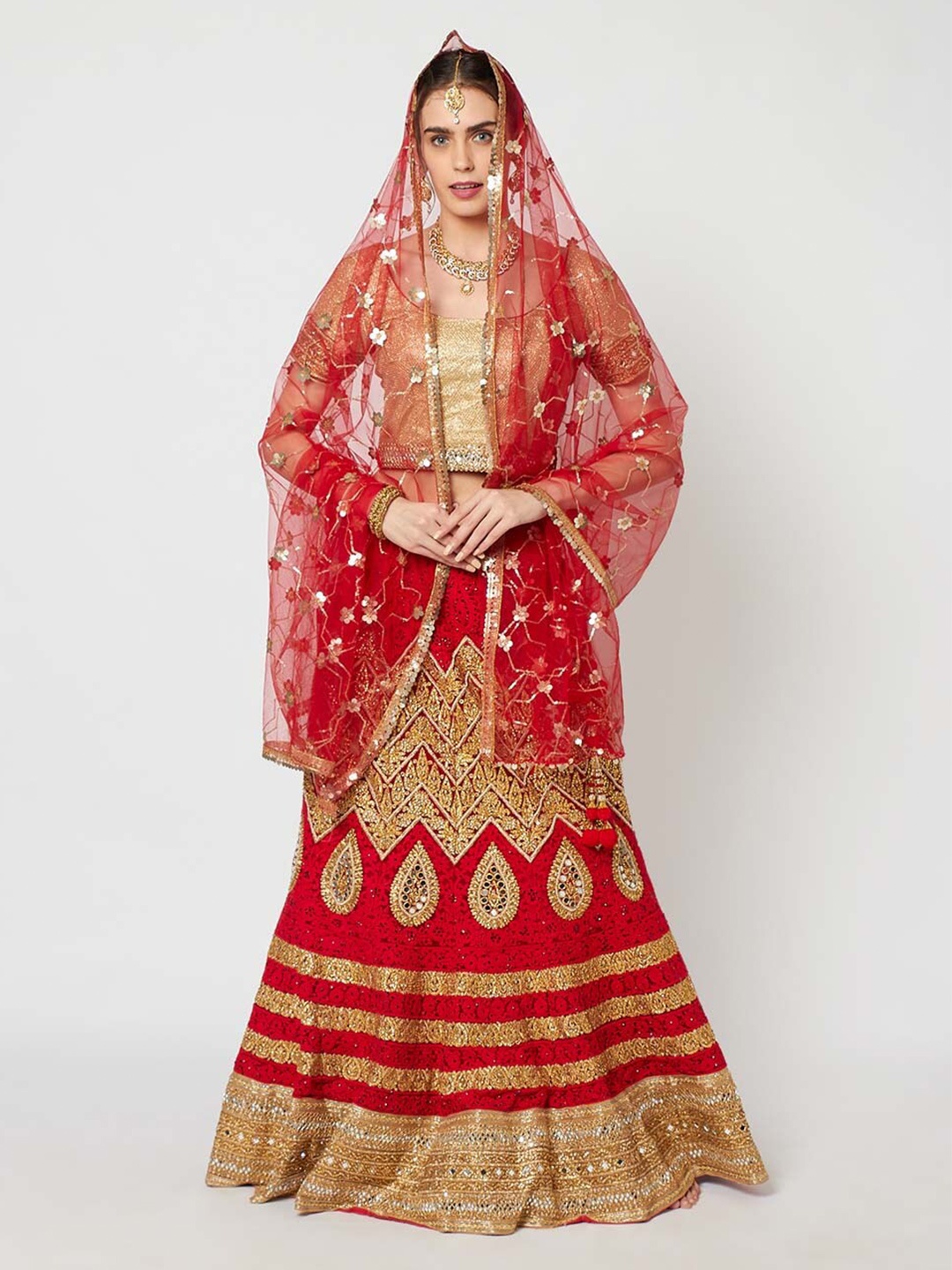 

Dupatta Bazaar Red & Gold-Toned Embroidered Dupatta with Sequinned