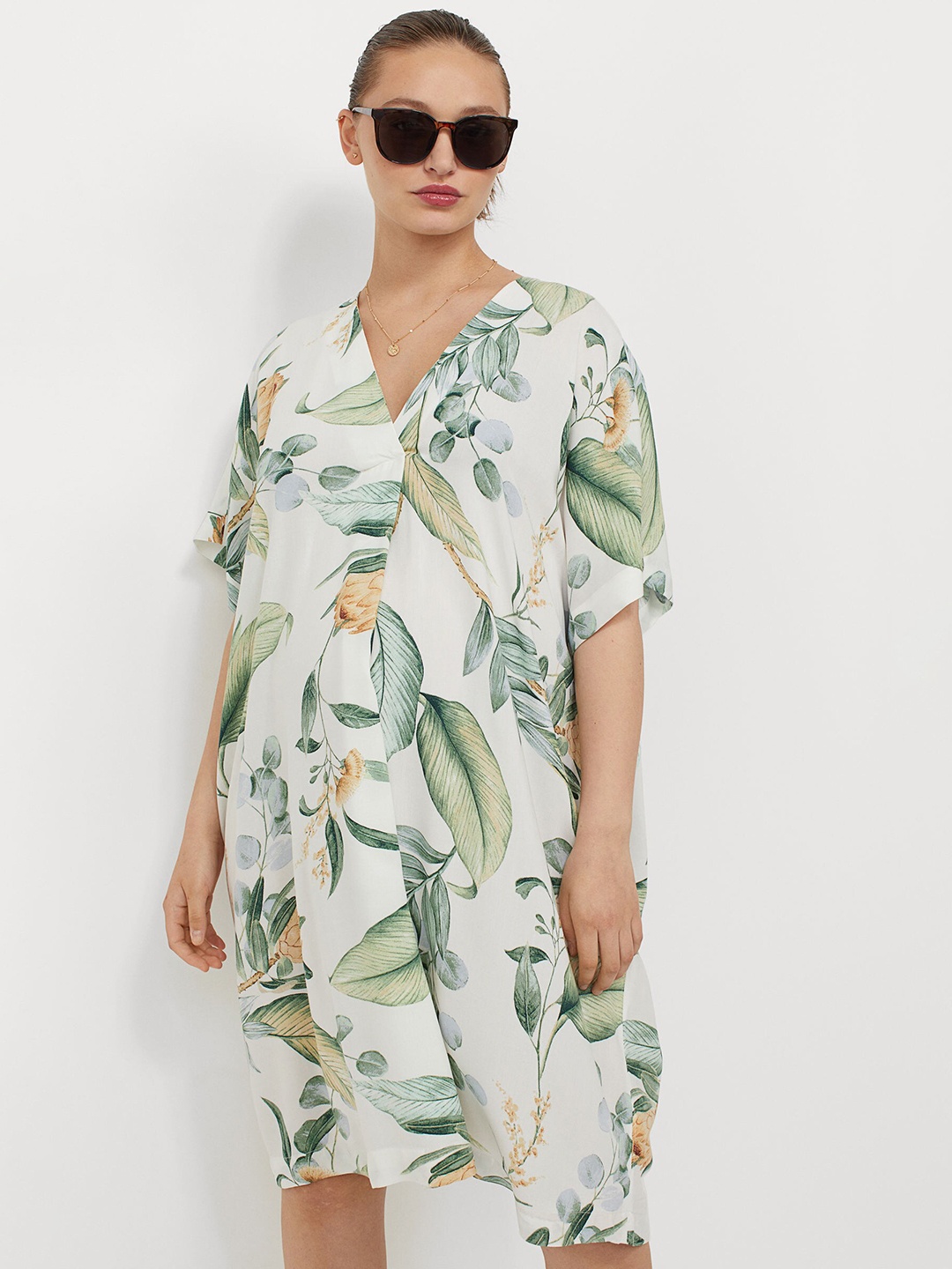 

H&M MAMA White & Green Printed V-Neck Dress