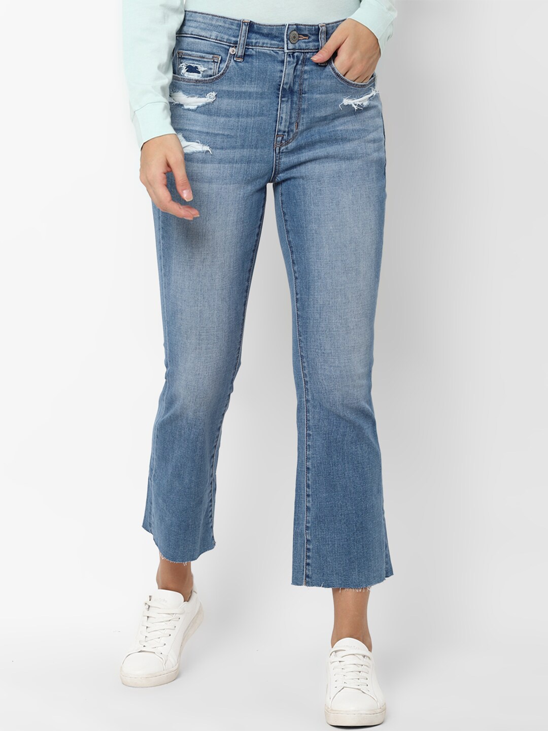 

AMERICAN EAGLE OUTFITTERS Women Blue Skinny Fit Highly Distressed Heavy Fade Jeans