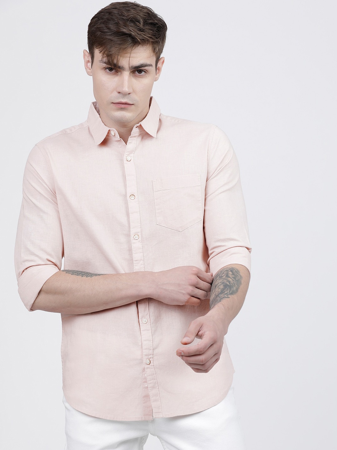 HIGHLANDER Men Pink Slim Fit Cotton Linen Casual Shirt