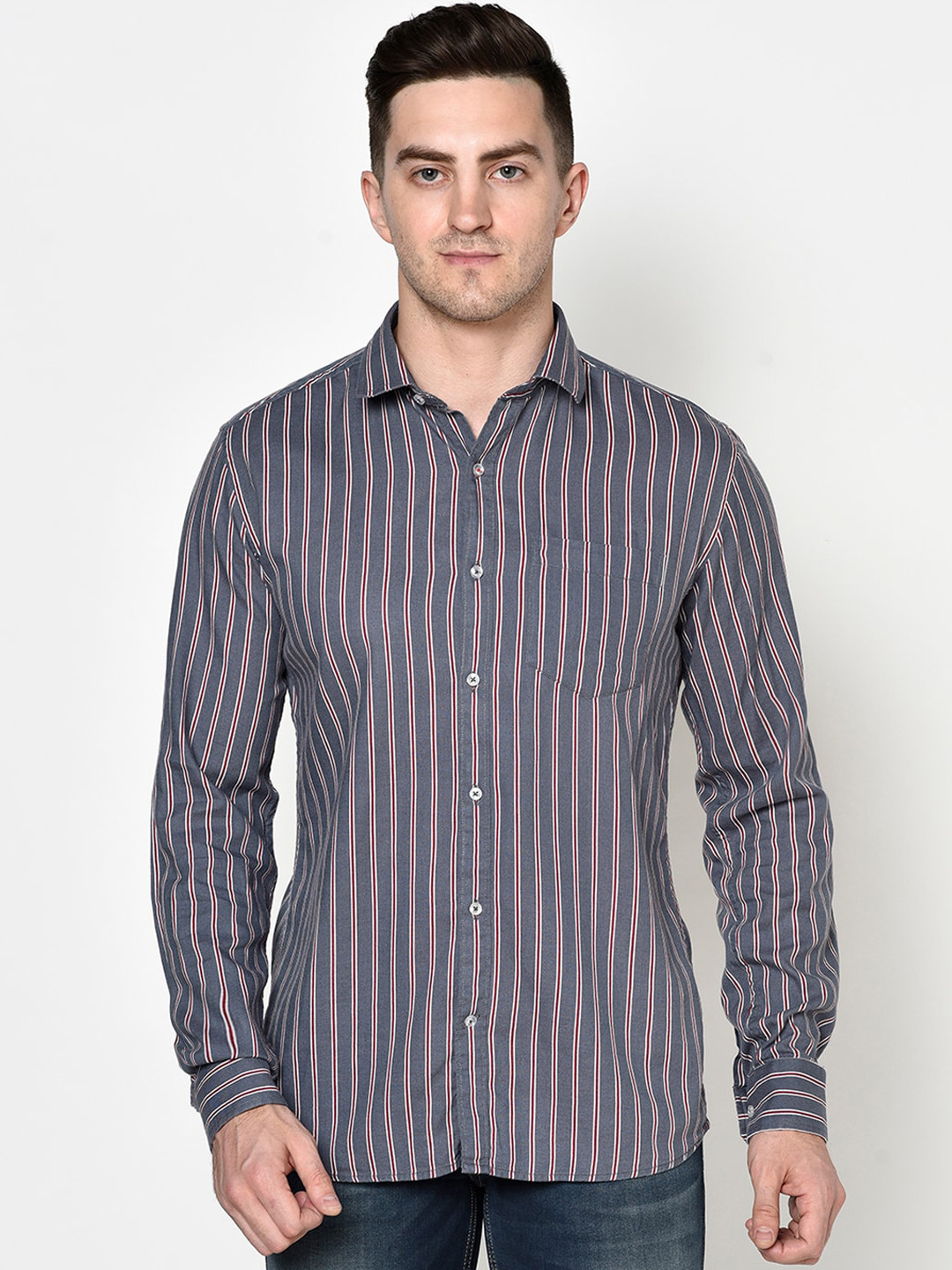 

METTLE Men Navy Blue Multi Stripes Striped Casual Shirt