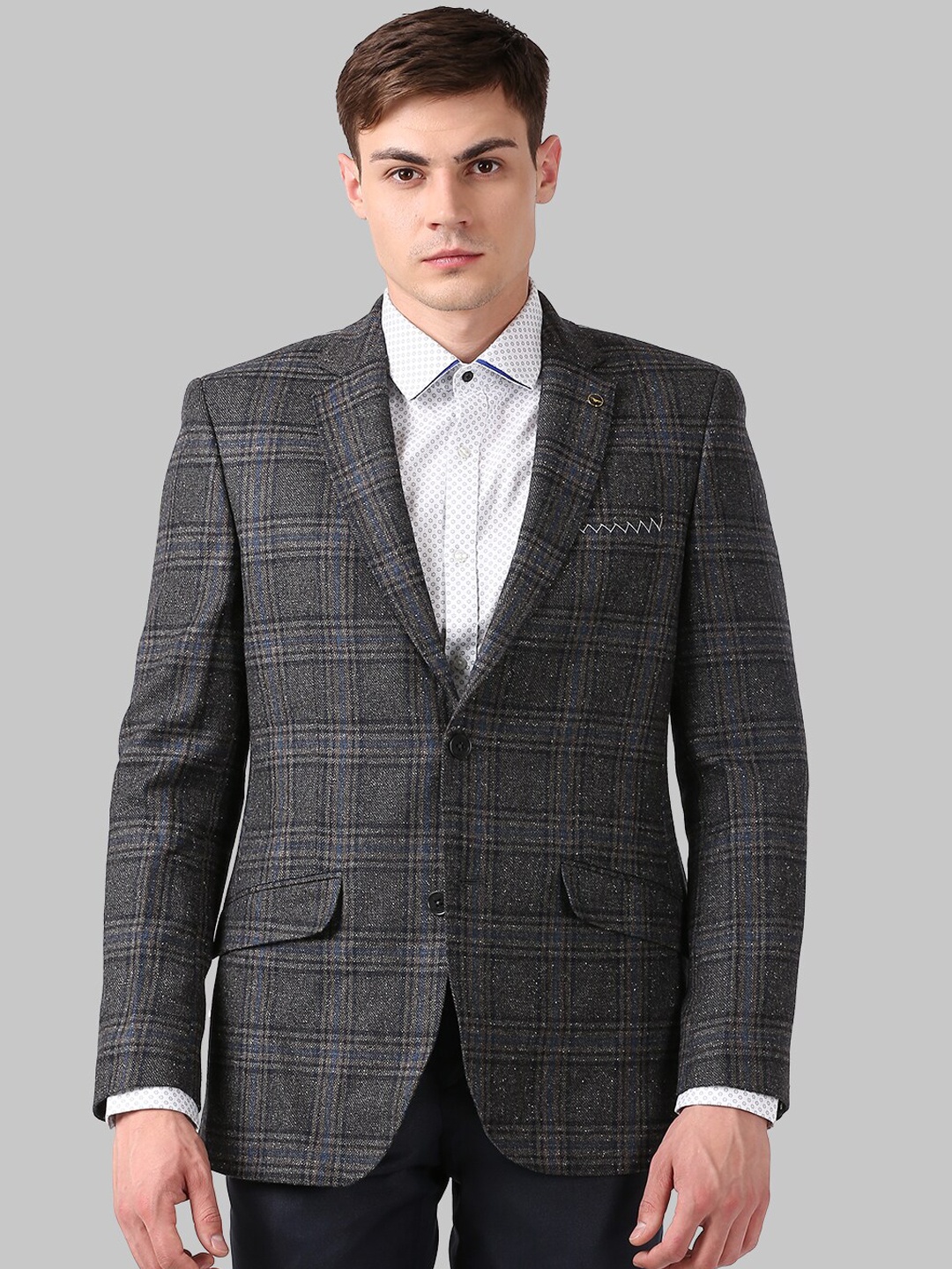 Park Avenue Men Grey Checked Single-Breasted Formal Blazer