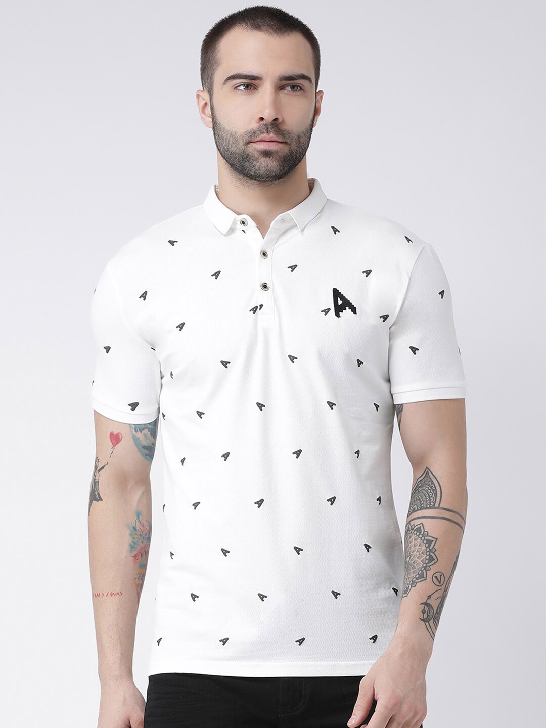 

Rex Straut Jeans Men White Printed Polo Collar Slim Fit T-shirt