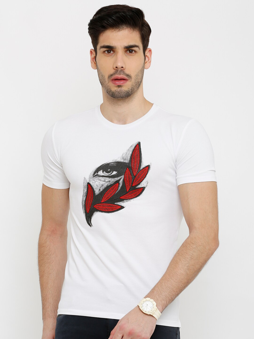 

Rex Straut Jeans Men White V-Neck Extended Sleeves Slim Fit T-shirt