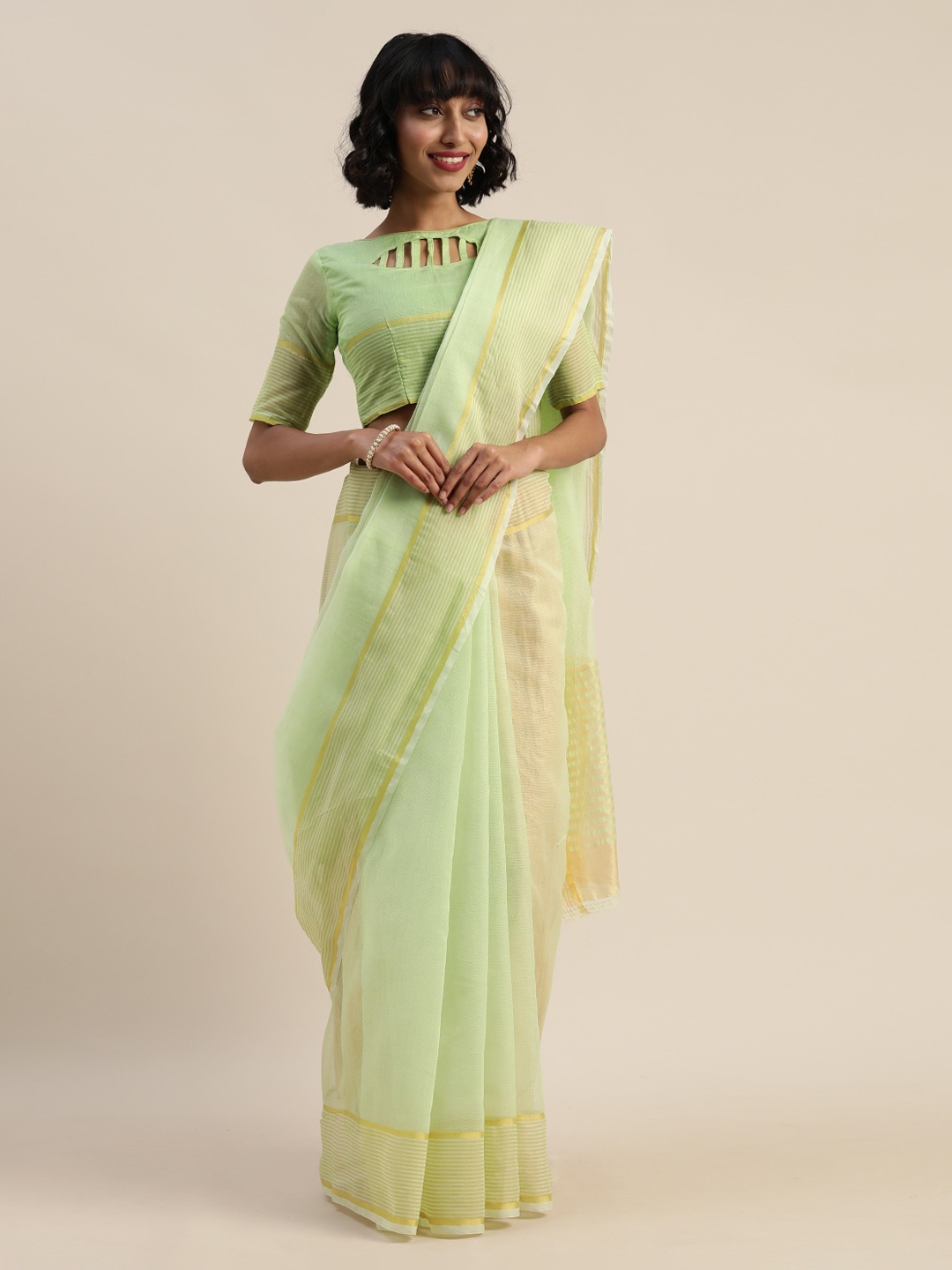 Florence Light Green Striped Zari Silk Cotton Saree