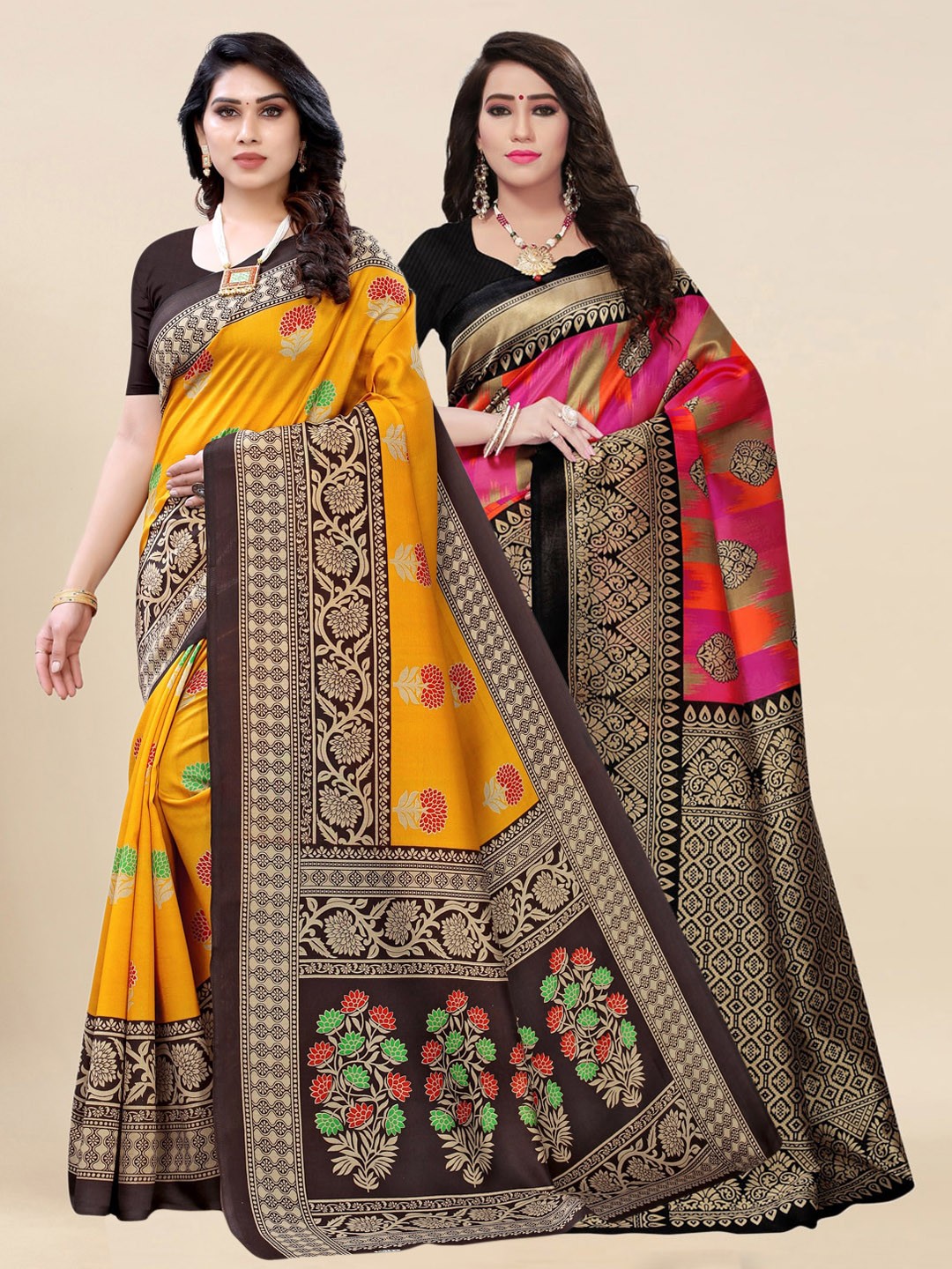 

KALINI Pack of 2 Yellow & Pink Ethnic Motifs Art Silk Saree
