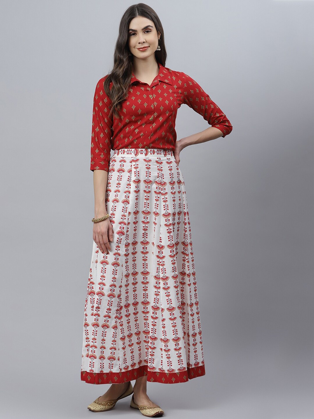 

Stylum Women Maroon Ethnic Motifs Printed Angrakha Kurta with Skirt