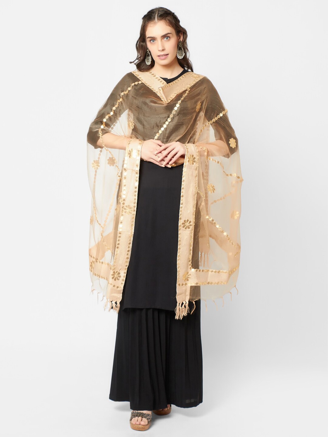 

Dupatta Bazaar Beige & Gold-Toned Organza Dupatta with Gotta Patti