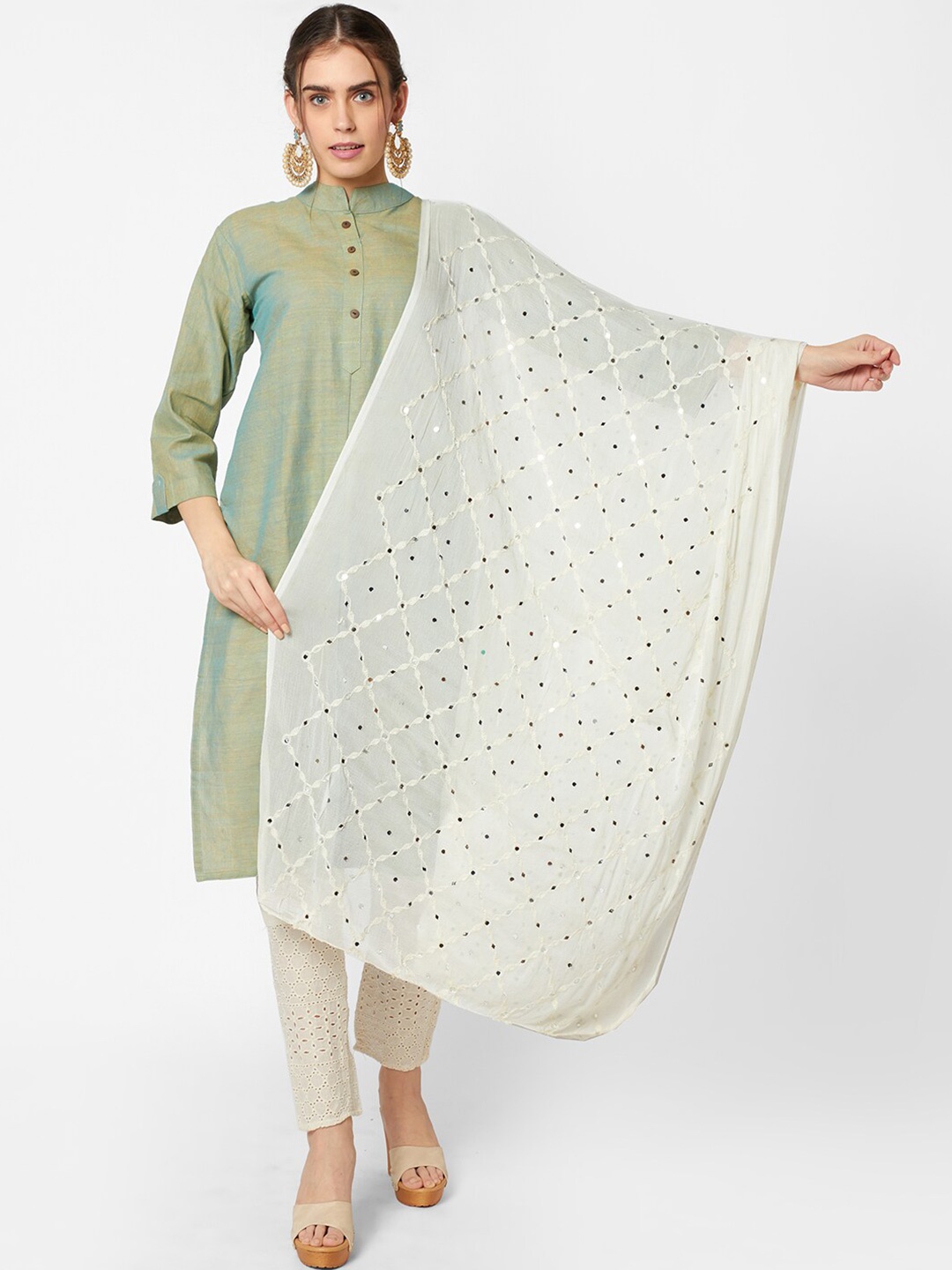 

Dupatta Bazaar Off White Ethnic Motifs Embroidered Dupatta with Mirror Work