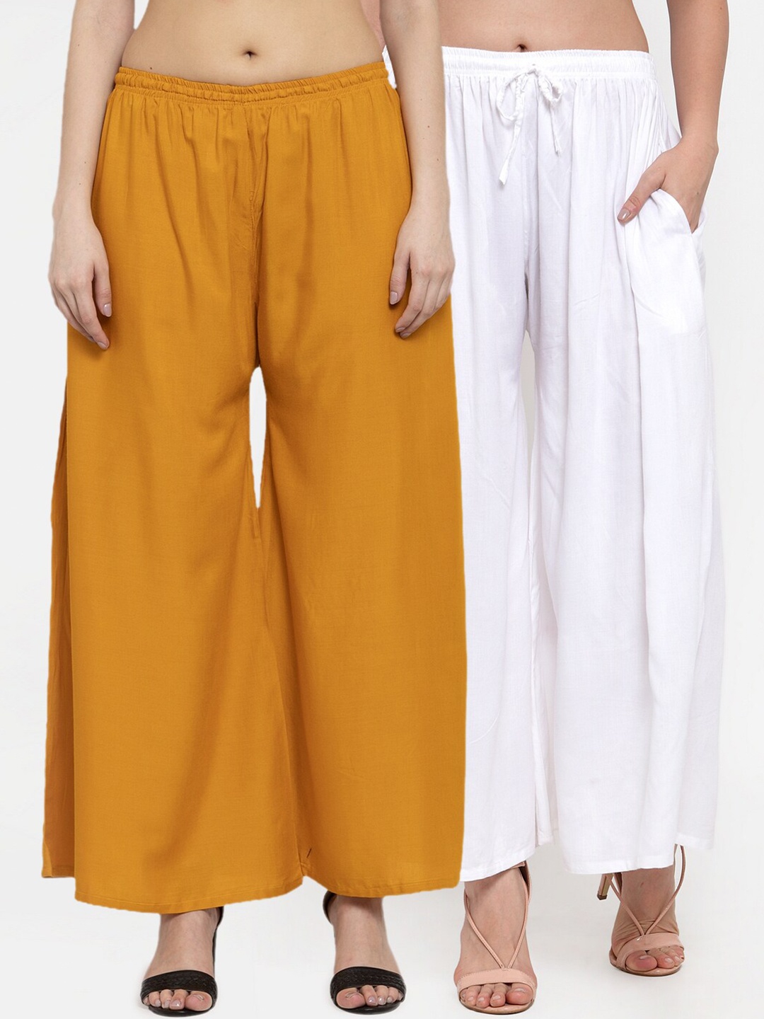 

Miaz Lifestyle Women Mustard & White 2 Flared Palazzos