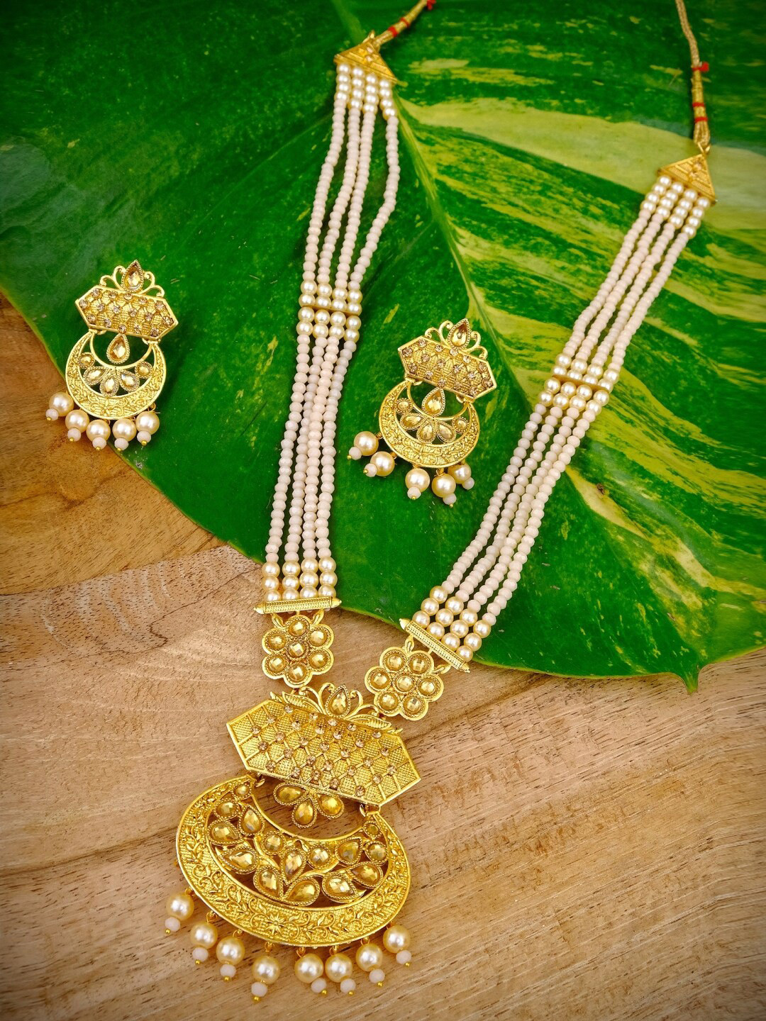 

Crunchy Fashion Gold-Plated & Pink Stone-Studded Pearl-Beaded Antique Jewellery Set