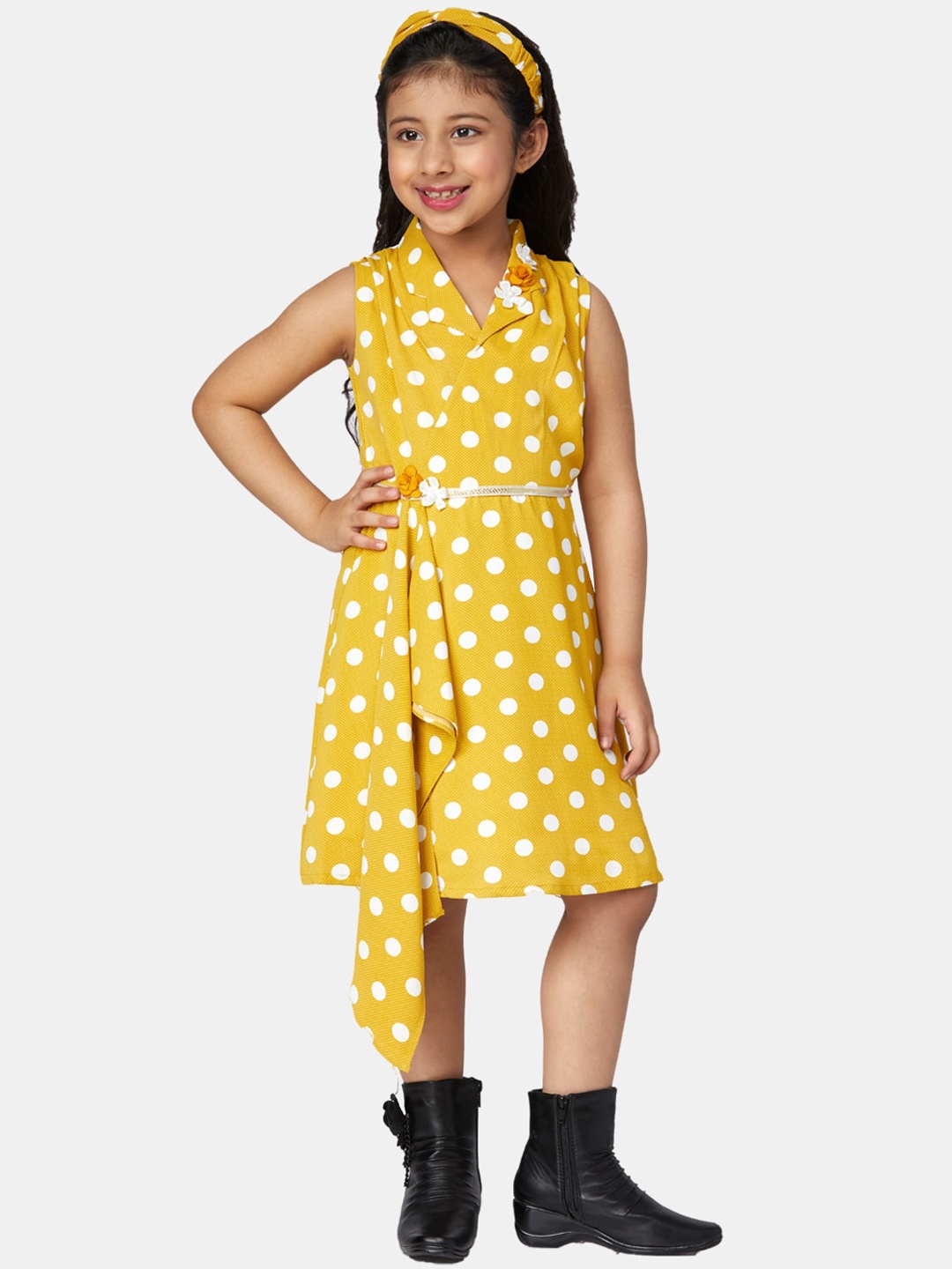 

Peppermint Girls Mustard Yellow Polka Dots Printed Wrap Dress