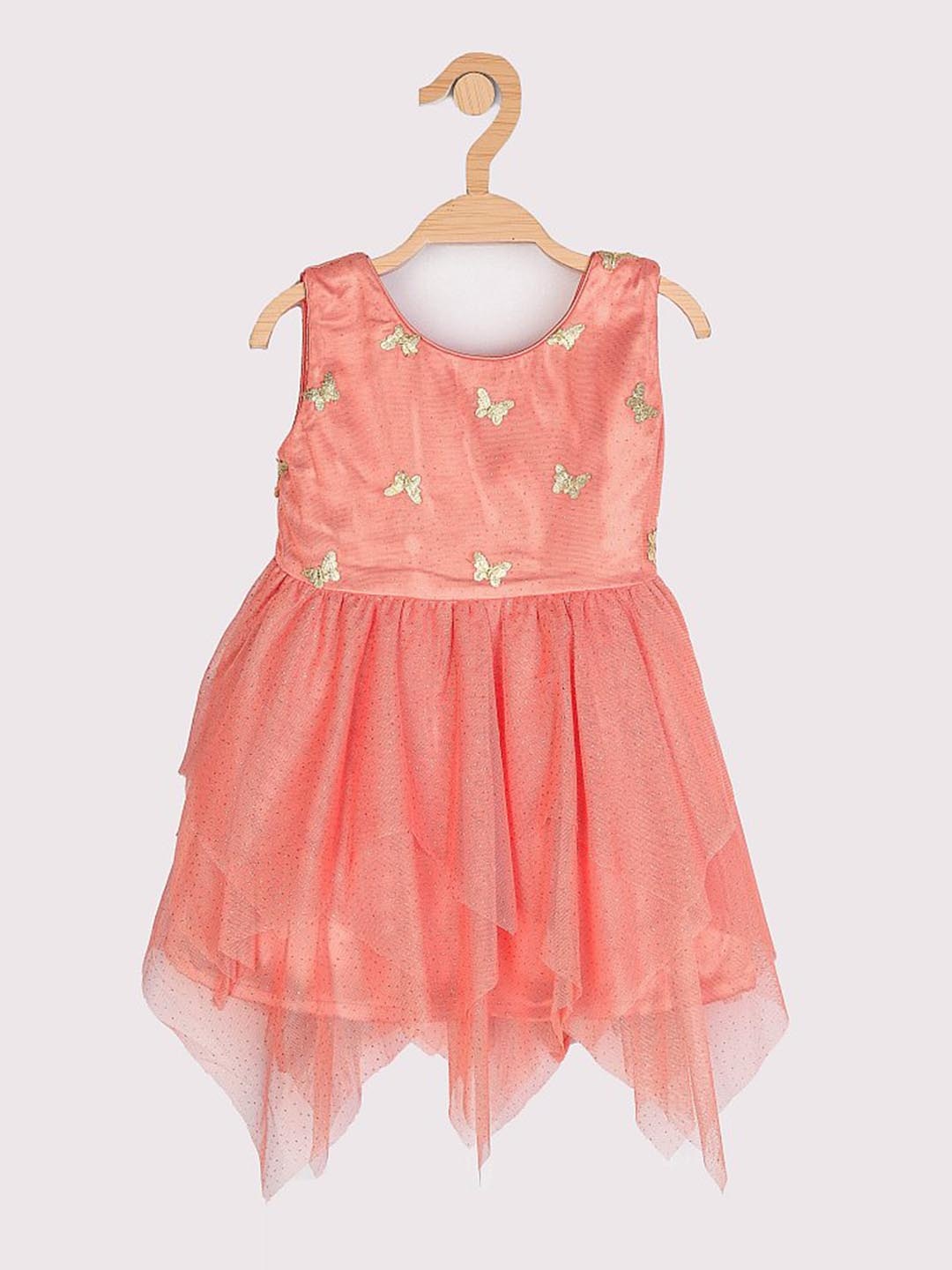 

Peppermint Girls Peach-Coloured & Golden Embroidered Pure Cotton Net Fit and Flare Dress