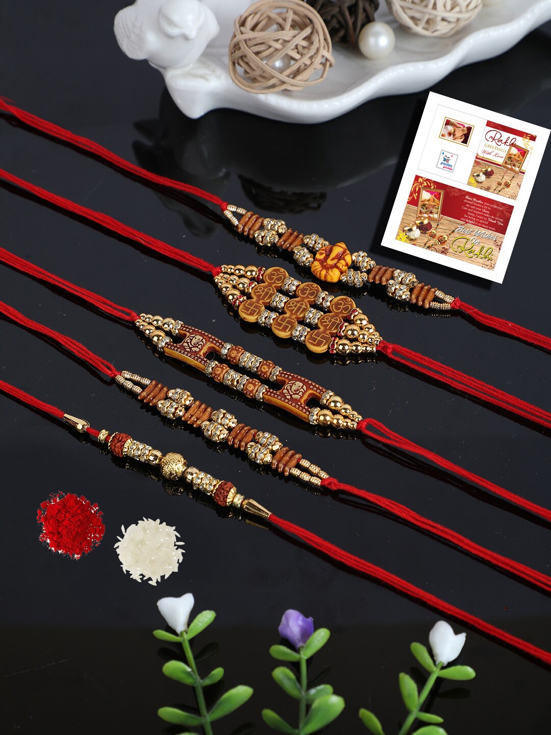 

PASSION PETALS Set Of 5 Rakhi With Roli Chawal And Card, Red