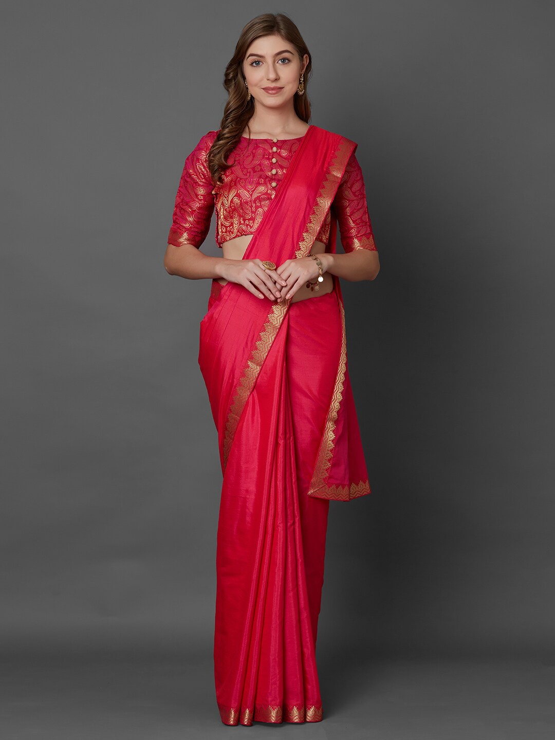 Mitera Magenta & Gold-Toned Zari Silk Blend Saree