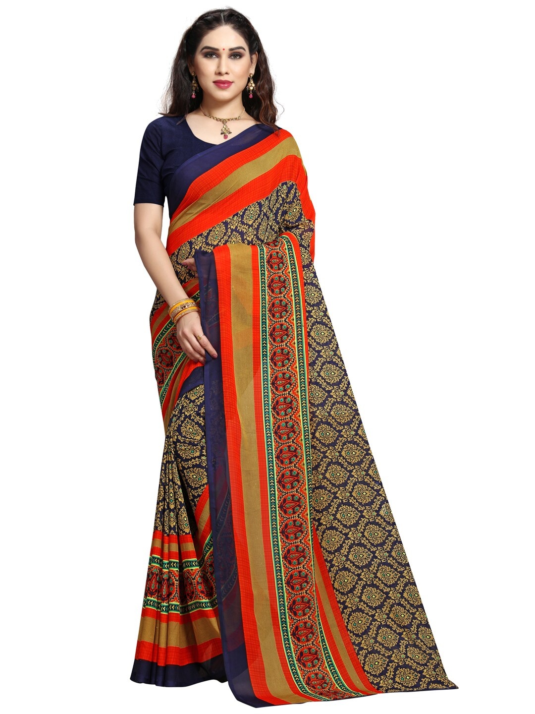 

ANAND SAREES Navy Blue & Gold-Coloured Ethnic Motifs Saree