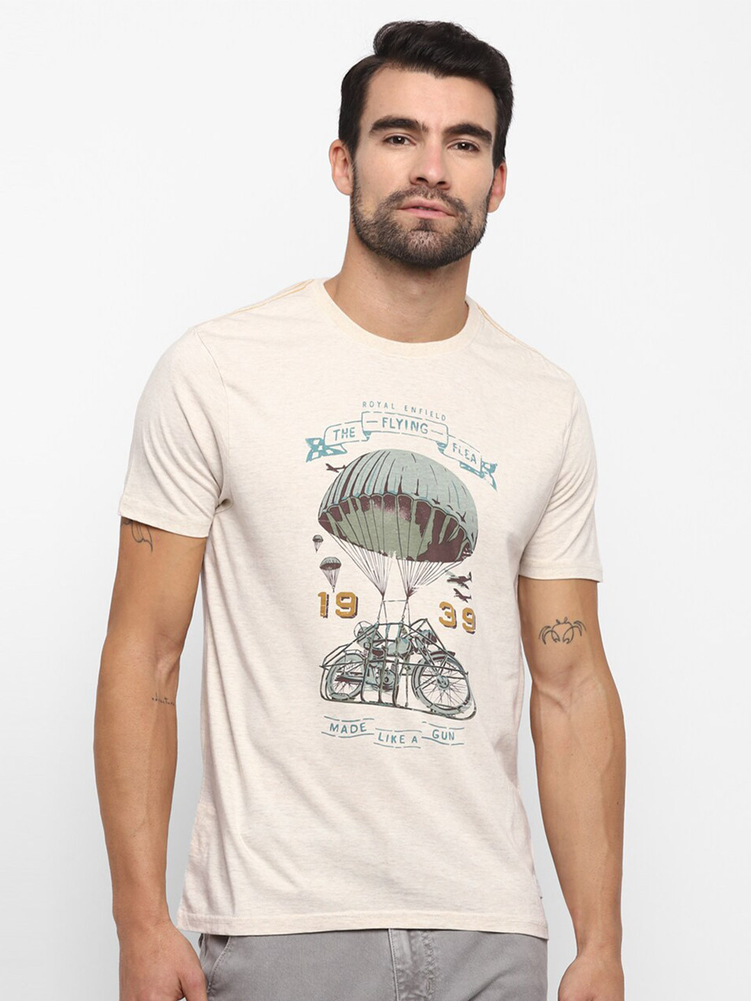 

Royal Enfield Men The Flying Flea Cream Graphic Printed T shirt