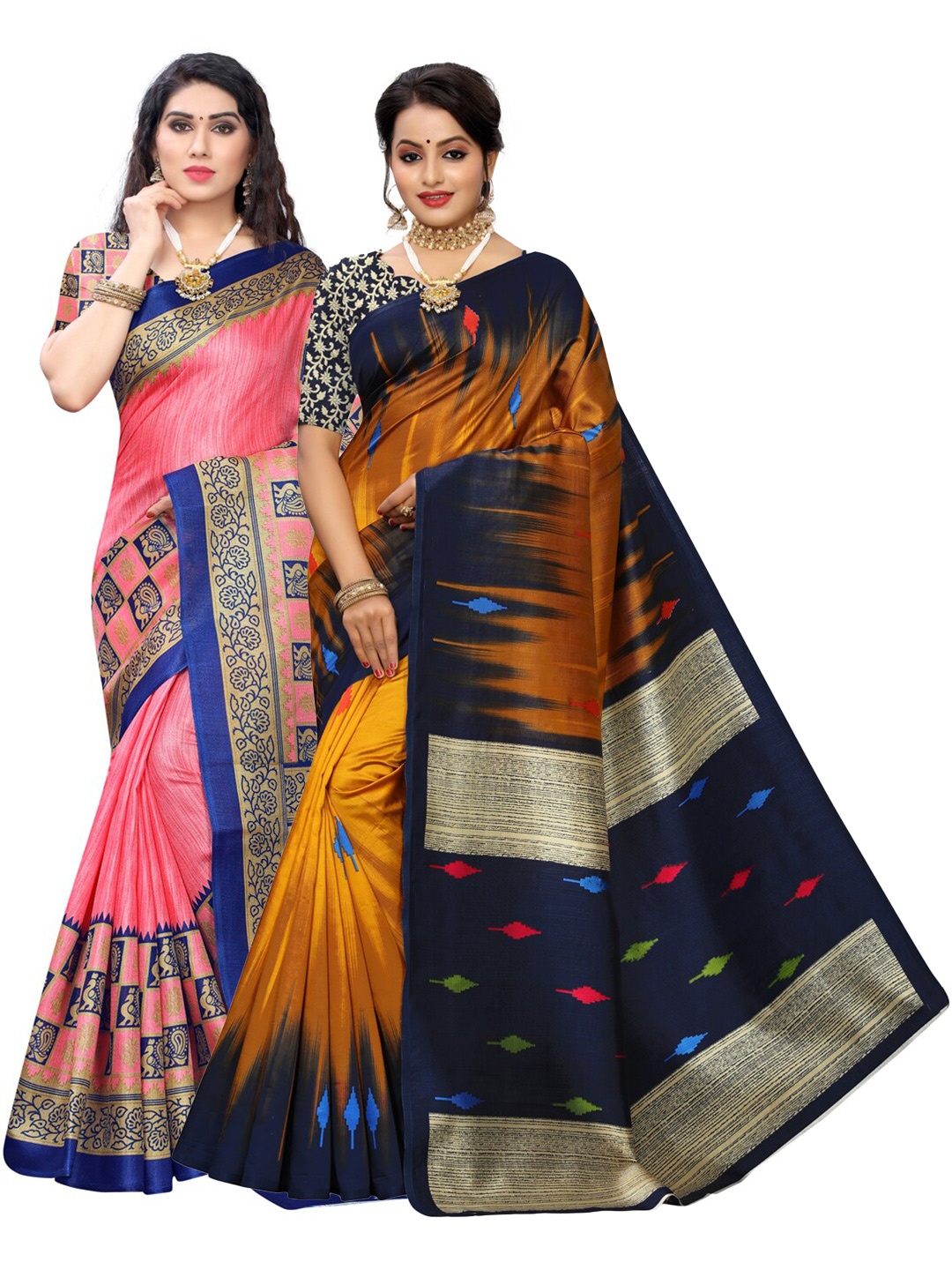 

KALINI Pack Of 2 Pink & Yellow Ethnic Motifs Art Silk Sarees