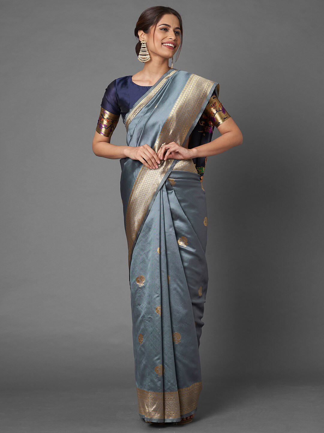 

Mitera Grey & Blue Floral Zari Silk Blend Banarasi Saree