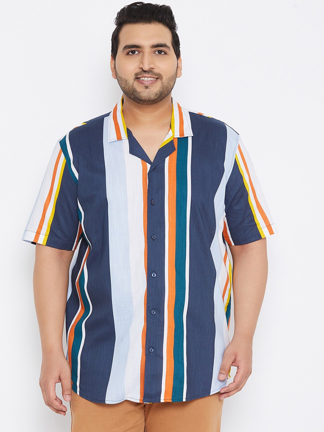Instafab Plus Men Navy Blue Striped Casual Shirt
