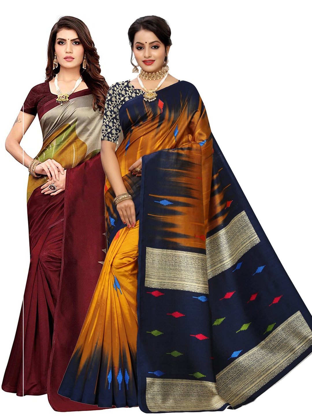 

KALINI Pack of 2 Maroon & Navy Blue Poly Silk Saree