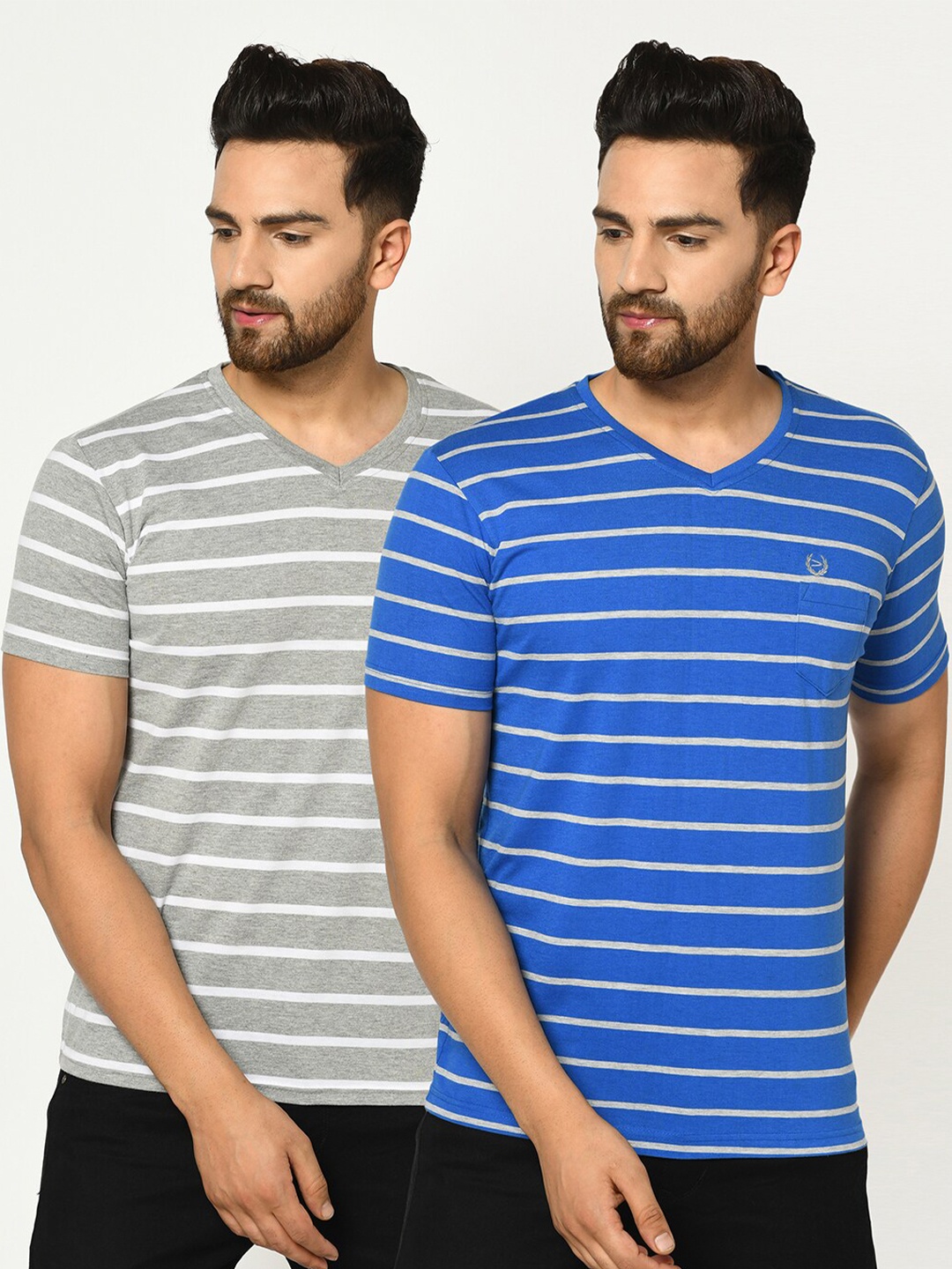 Duke Men Multi 2 Striped V-Neck Slim Fit T-shirt