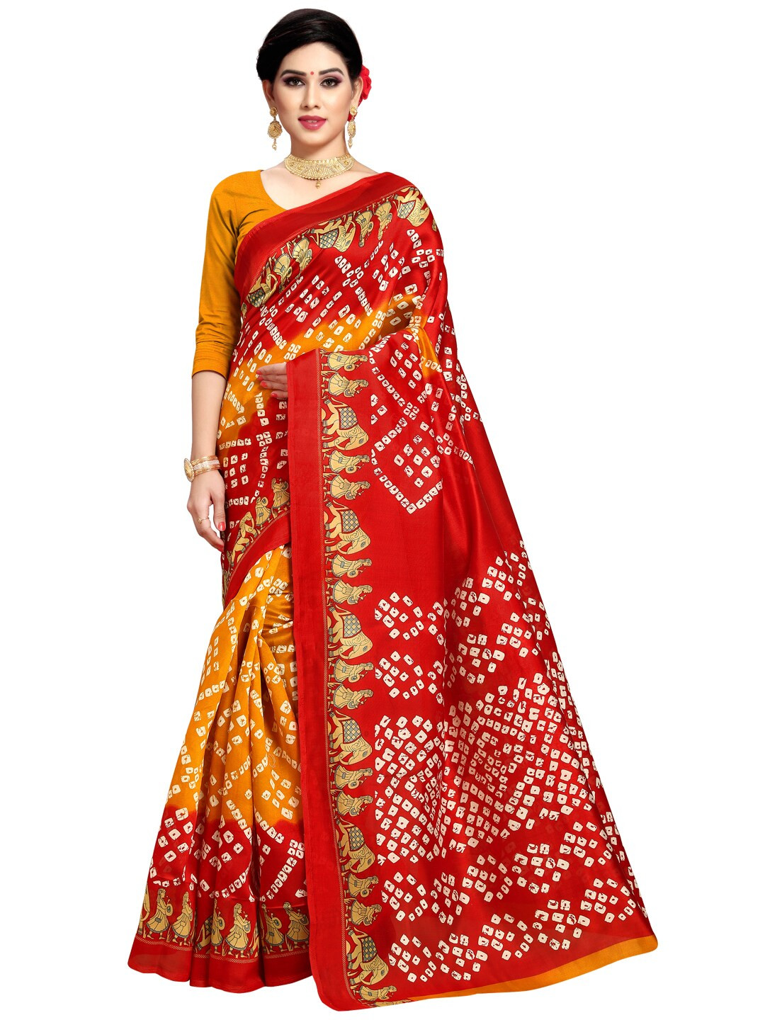 

ANAND SAREES Yellow & Red Bandhani Silk Blend Saree