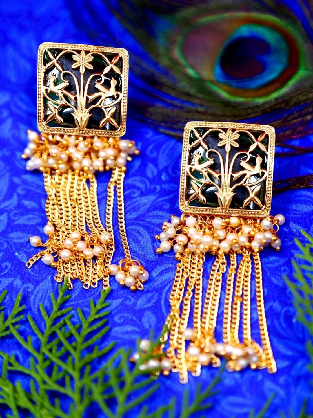 

Crunchy Fashion Green Gold-Plated Beaded Meenakari Classic Drop Earrings