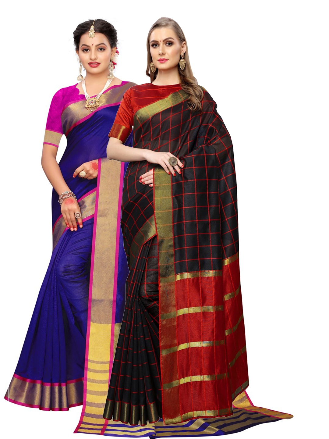 

KALINI Navy Blue & Black Pack of 2 Striped Silk Cotton Saree