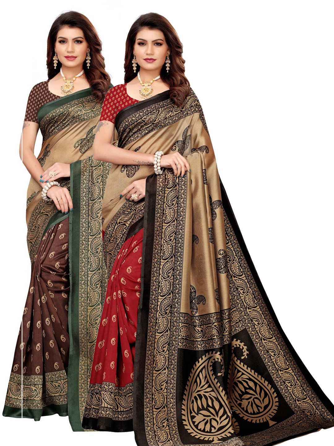 

KALINI Beige & Brown Pack of 2 Paisley Saree