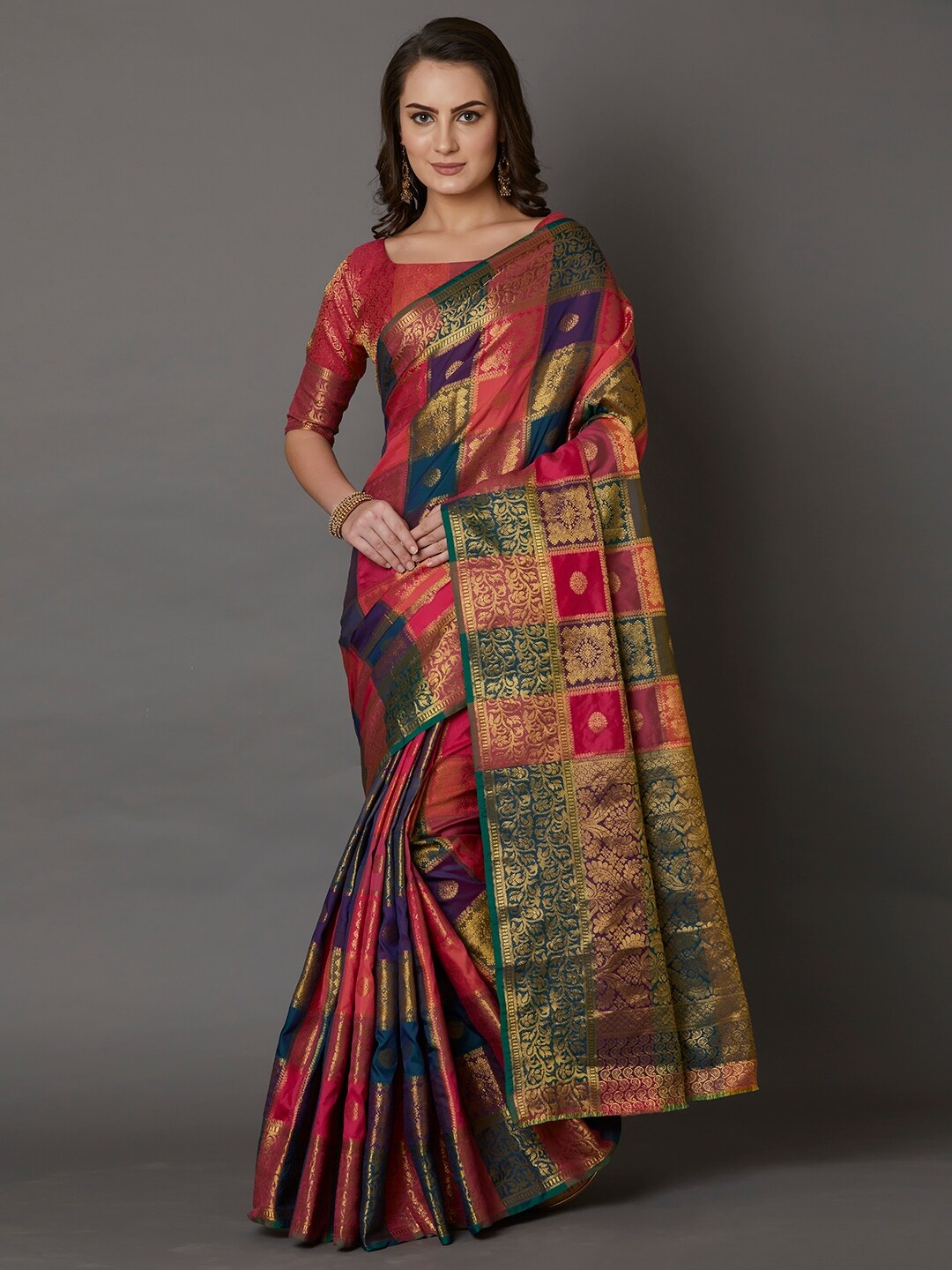 

Mitera Multi Silk Blend Ethnic Woven Design Saree With Matching Blouse, Pink