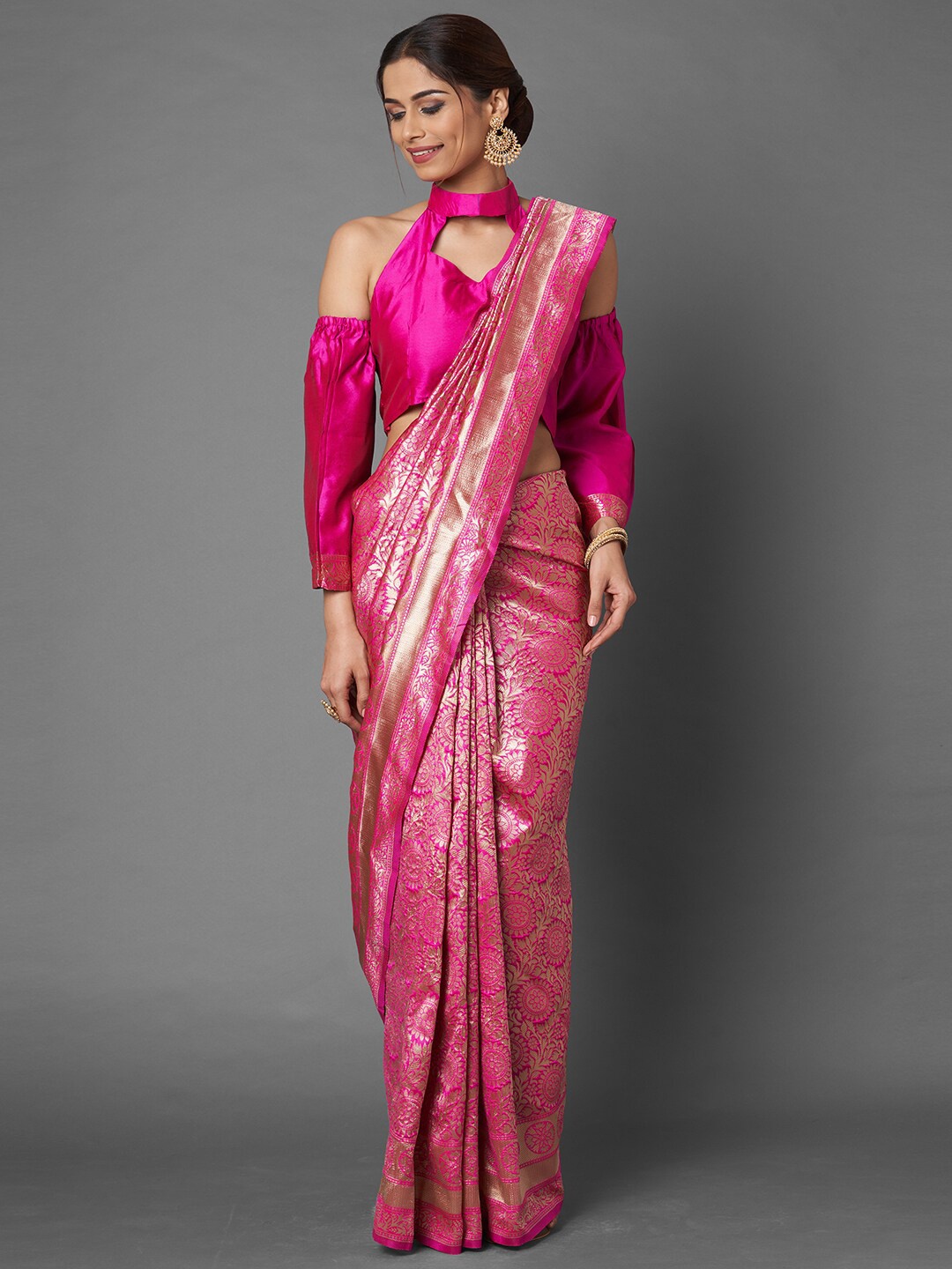 

Mitera Pink & Gold-Toned Floral Gotta Patti Silk Blend Saree