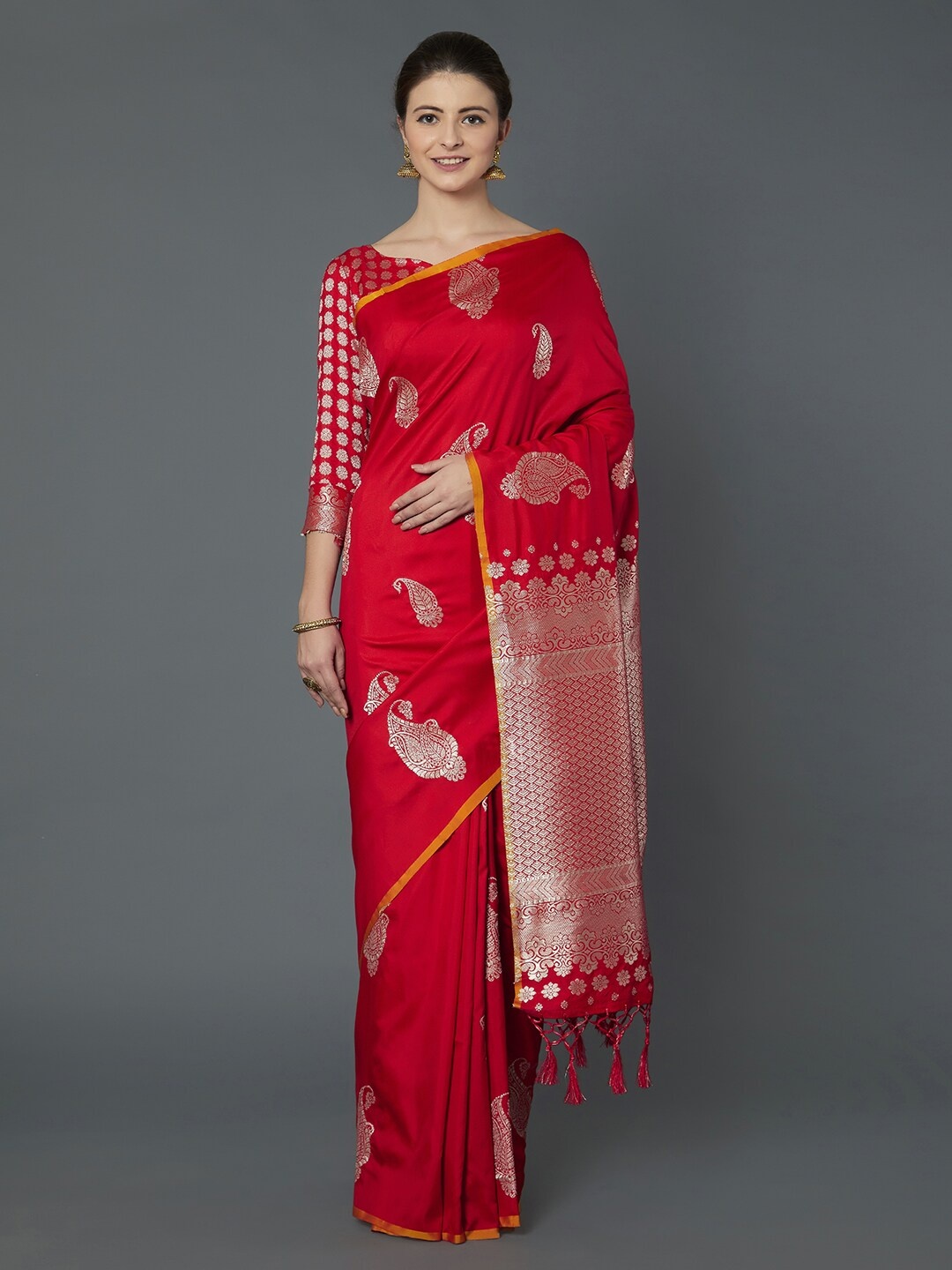 

Mitera Red & Silver-Toned Paisley Silk Blend Banarasi Saree