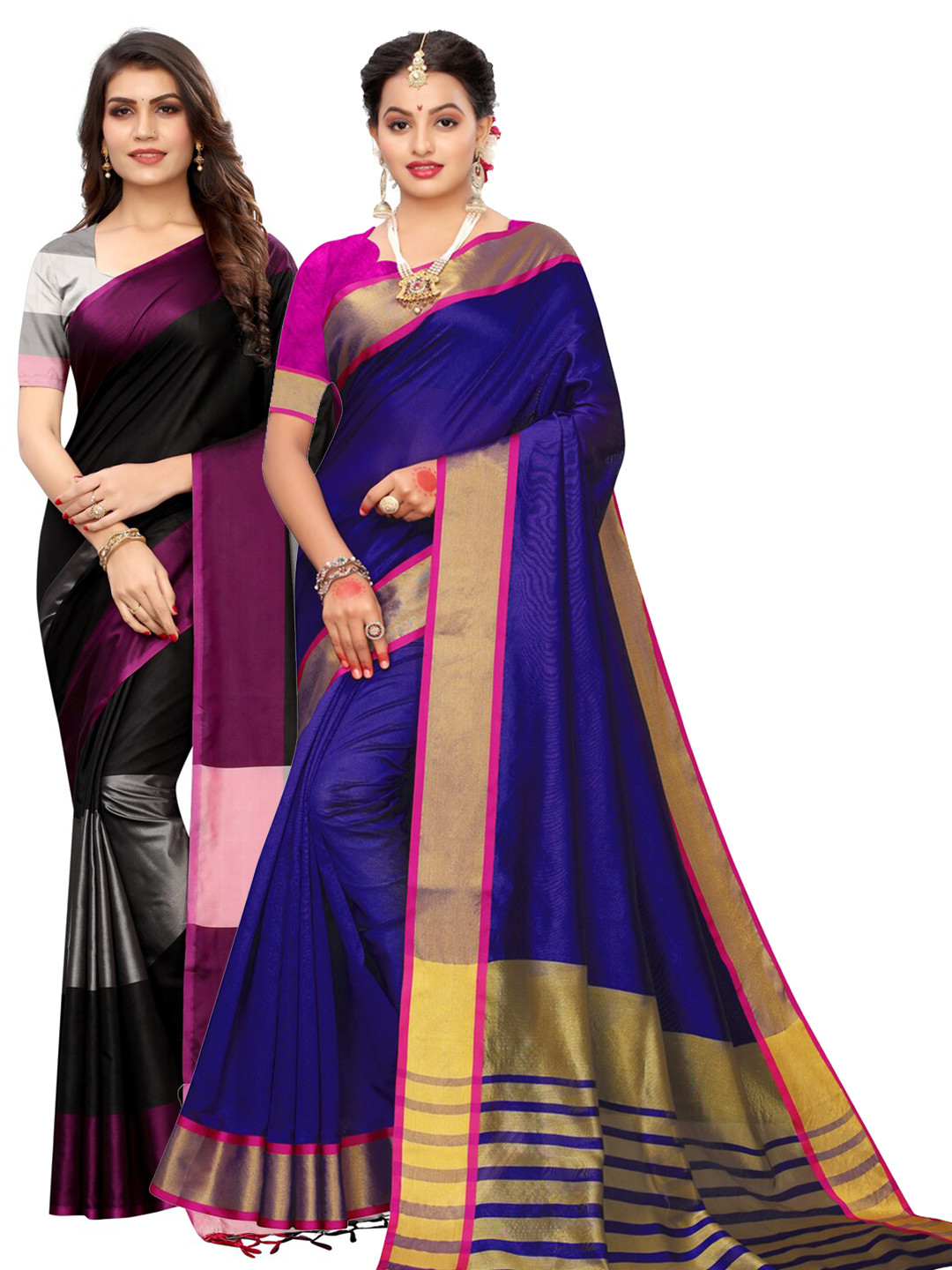 

KALINI Pack Of 2 Black & Blue Zari Sarees