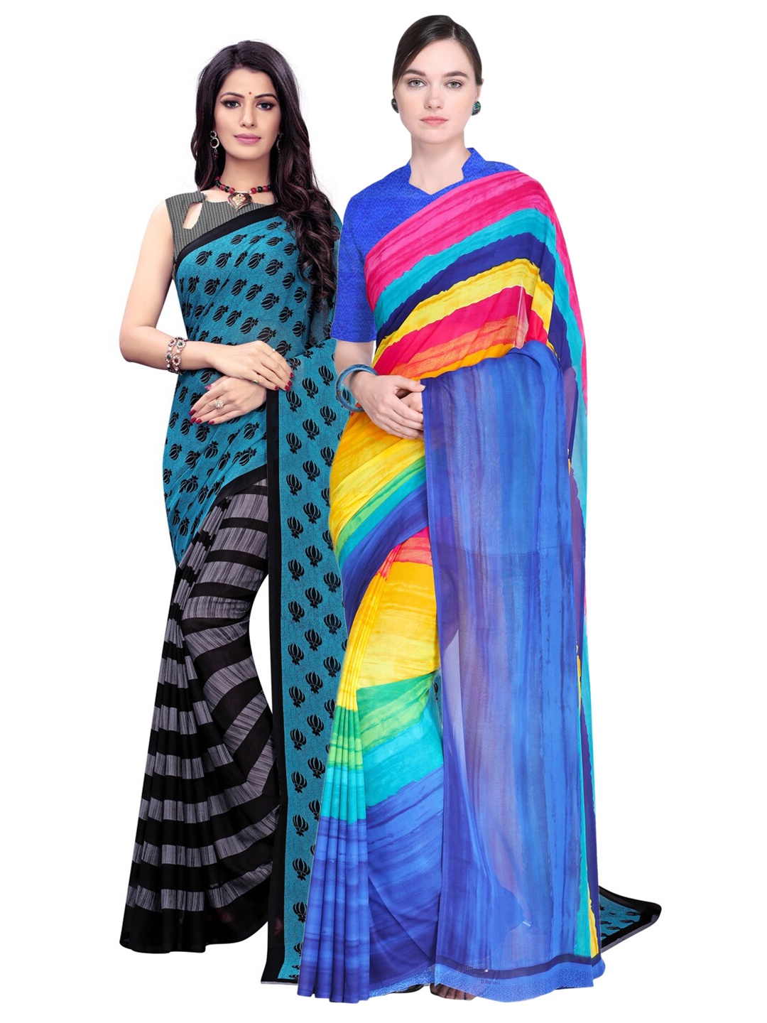 

KALINI Turquoise Blue & Black Pack of 2 Striped Pure Georgette Saree