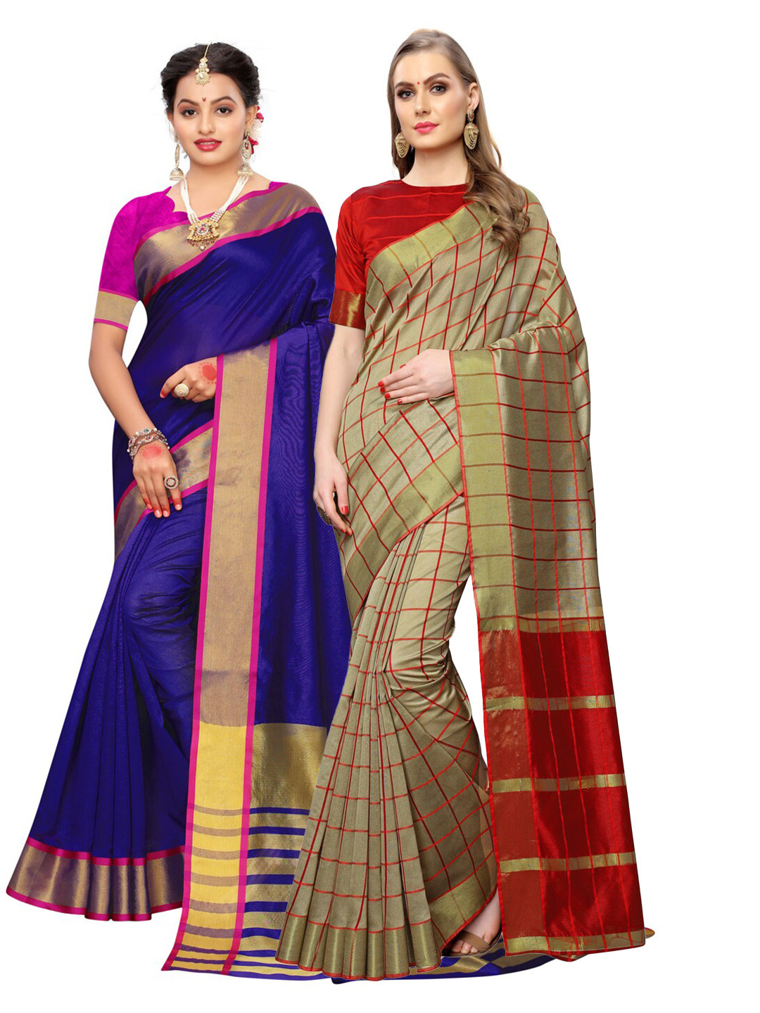 

KALINI Navy Blue & Beige Pack of 2 Checked Zari Silk Cotton Saree