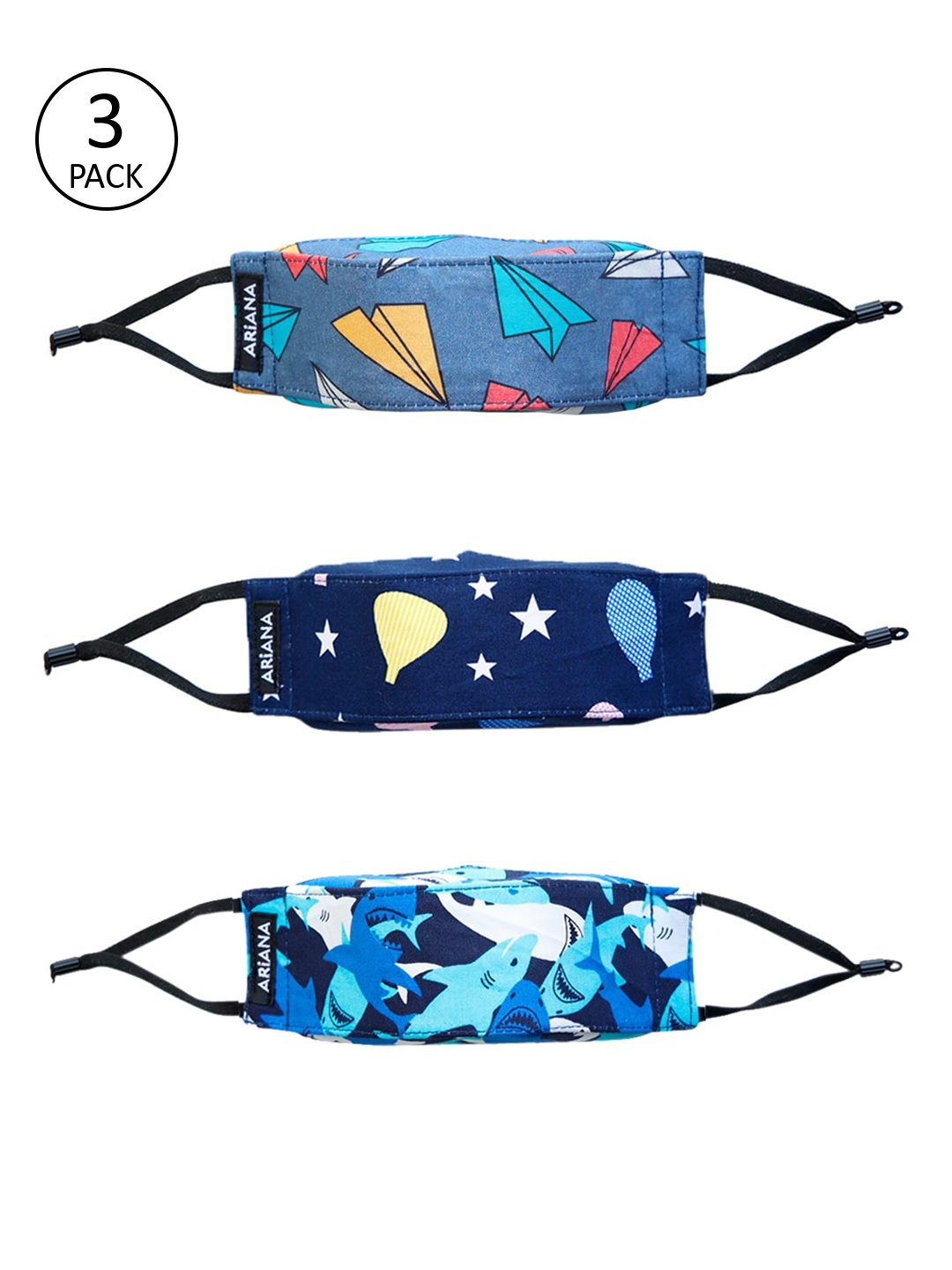 Ariana Kids Pack Of 3 3D Printed 7-ply Reusable Pure Cotton Cloth Masks, Blue