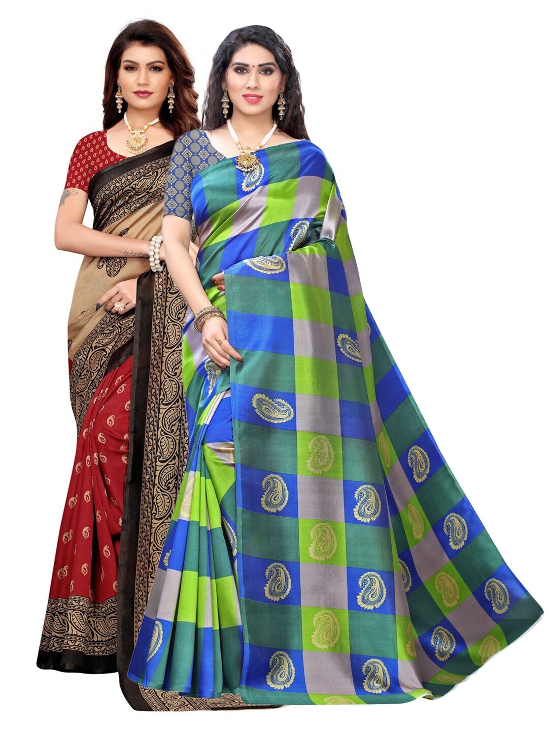 

KALINI Pack of 2 Beige & Blue Paisley Saree