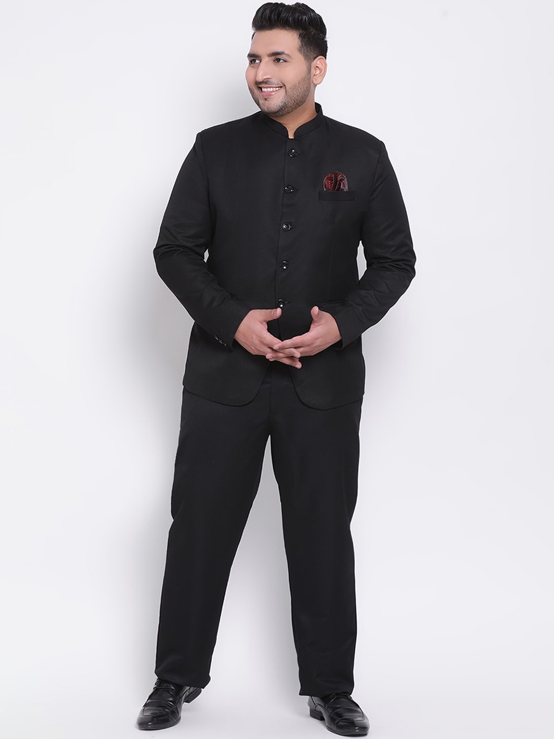 

hangup plus Men Black Solid Bandhgala Formal Two-Piece Suit
