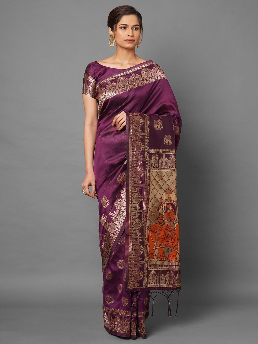 

Mitera Burgundy & Gold-Toned Ethnic Motifs Silk Blend Banarasi Saree