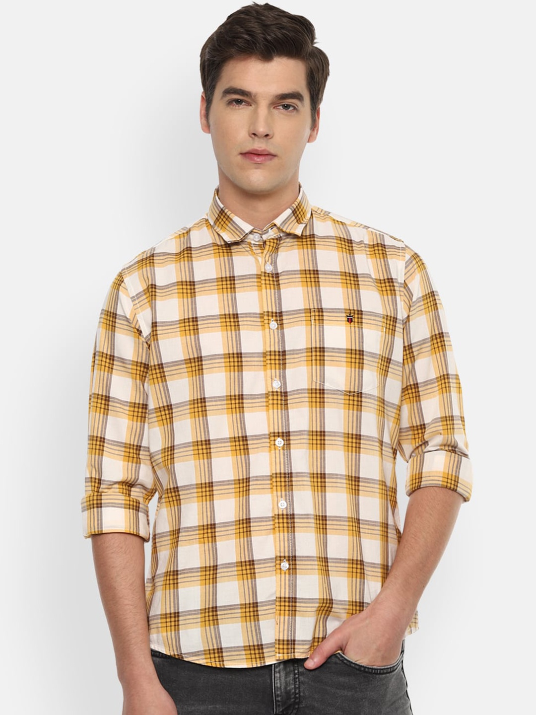 Louis Philippe Jeans Men Cream-Coloured Slim Fit Checked Pure Cotton Casual Shirt