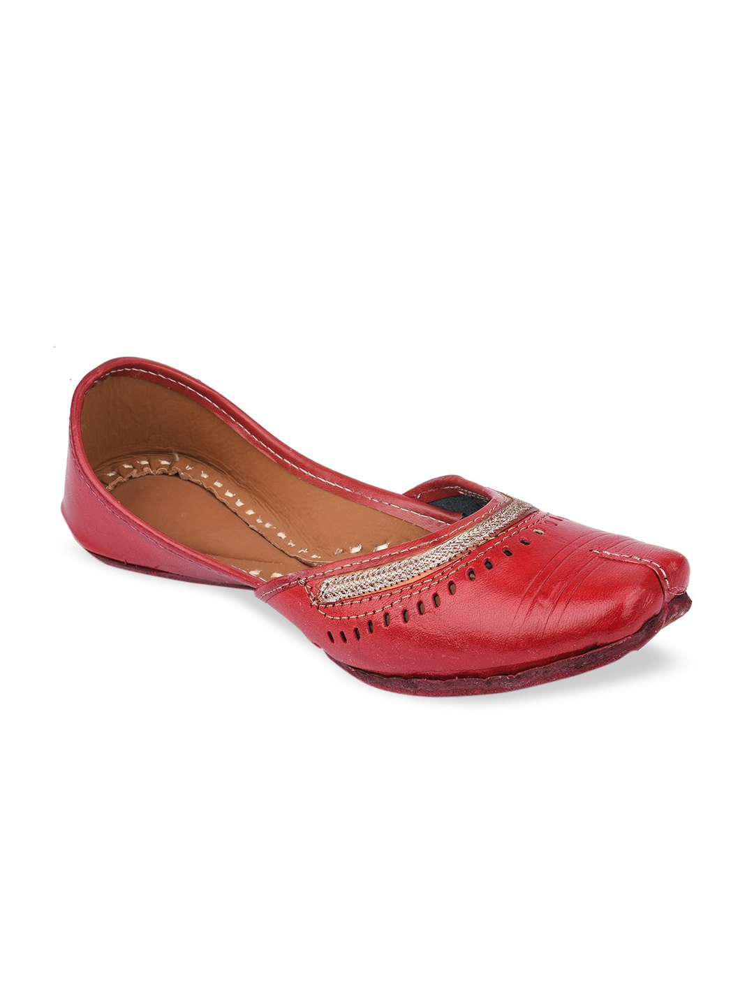 

DESI COLOUR Women Red Embellished Mojaris with Laser Cuts Flats