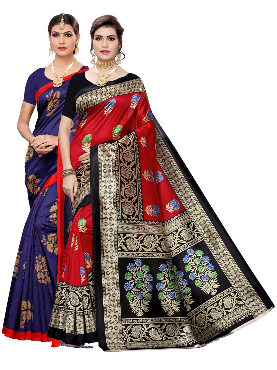 

KALINI Pack of 2 Blue & Red Ethnic Motifs Poly Silk Saree