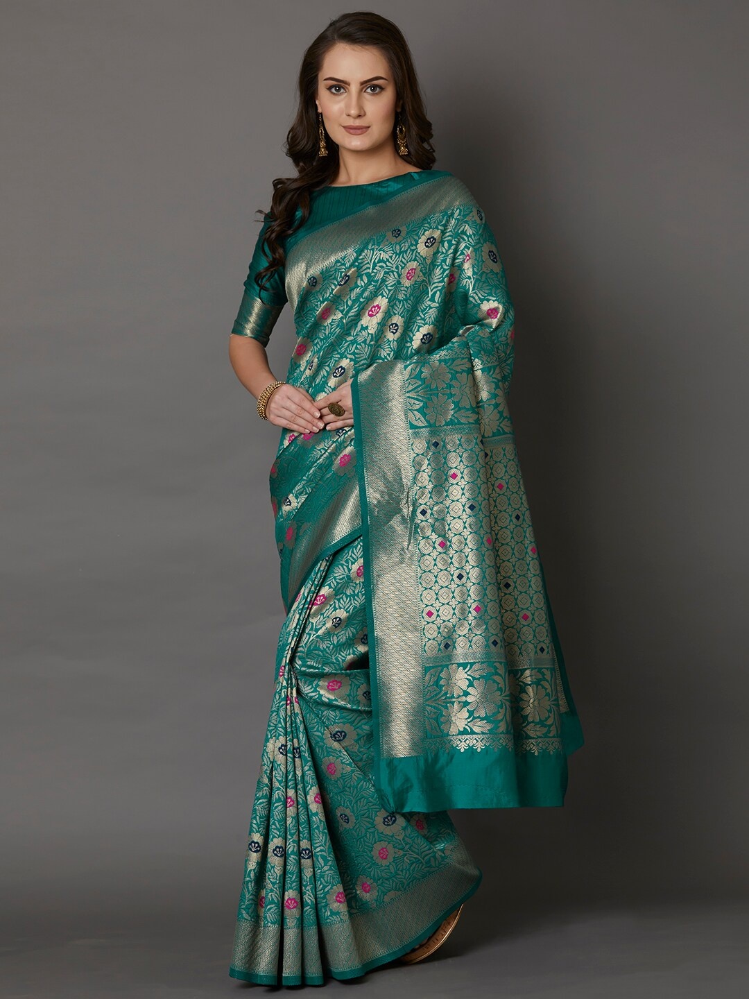 Mitera Teal & Pink Woven Design Gotta Patti Silk Blend Saree