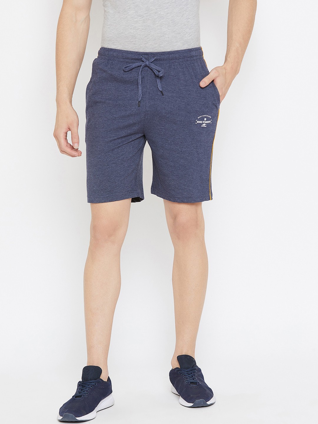 

Duke Men Blue Solid Cotton High-Rise Shorts with Printed & Side Striped Detail