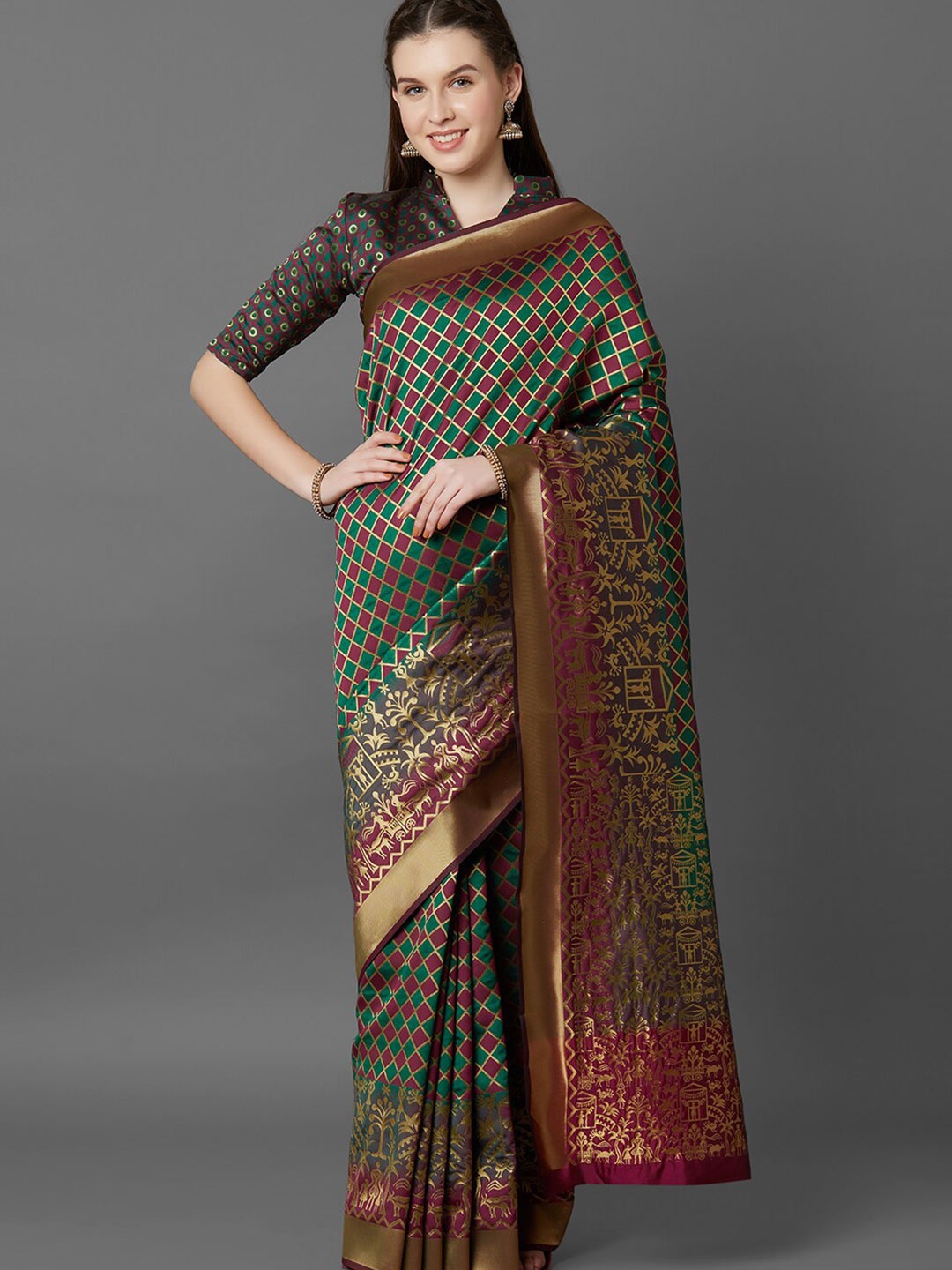 

Mitera Green & Maroon Checked Silk Blend Banarasi Saree