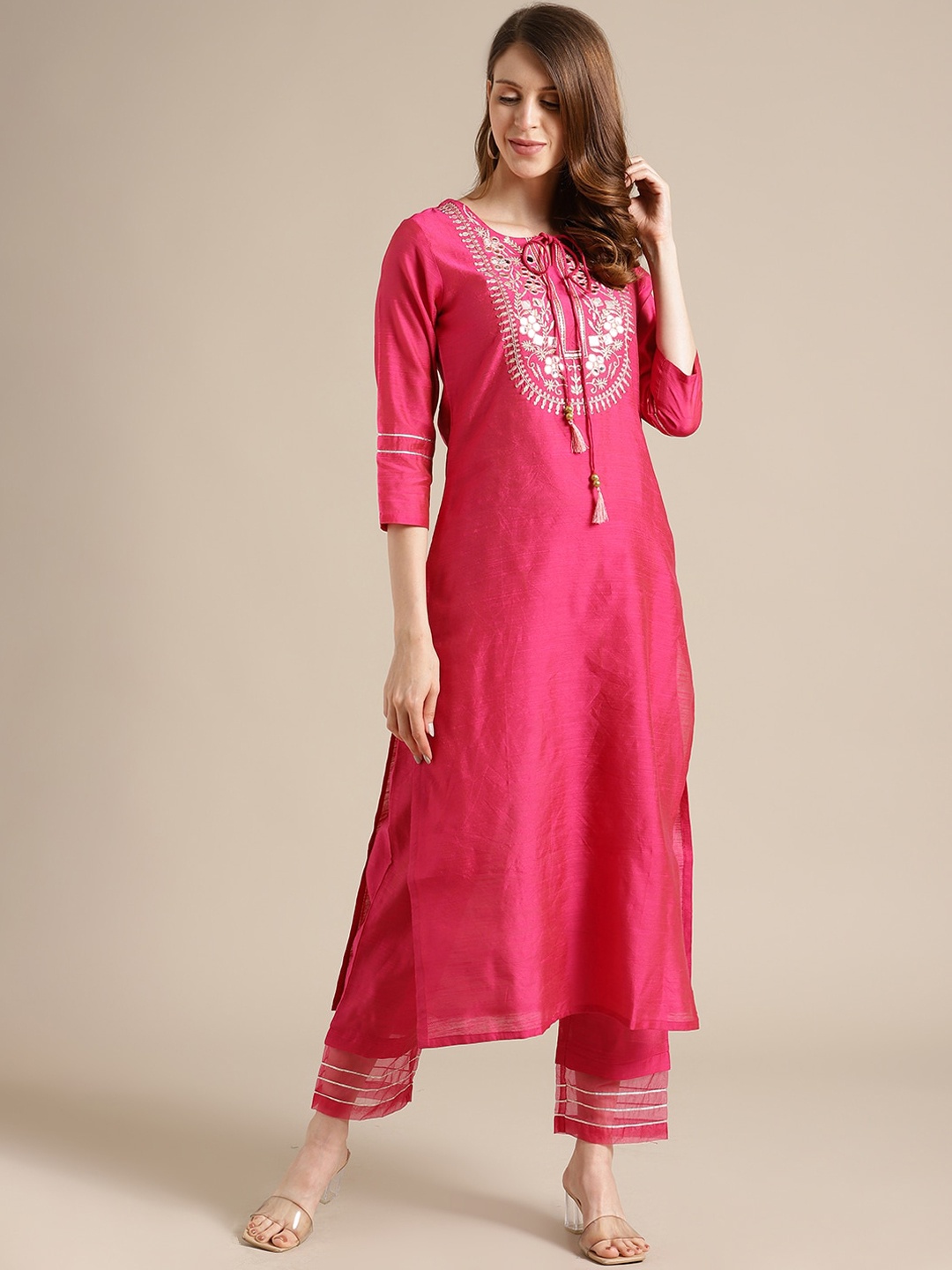 

Varanga Women Pink Embroidered Zari Kurta with Trousers