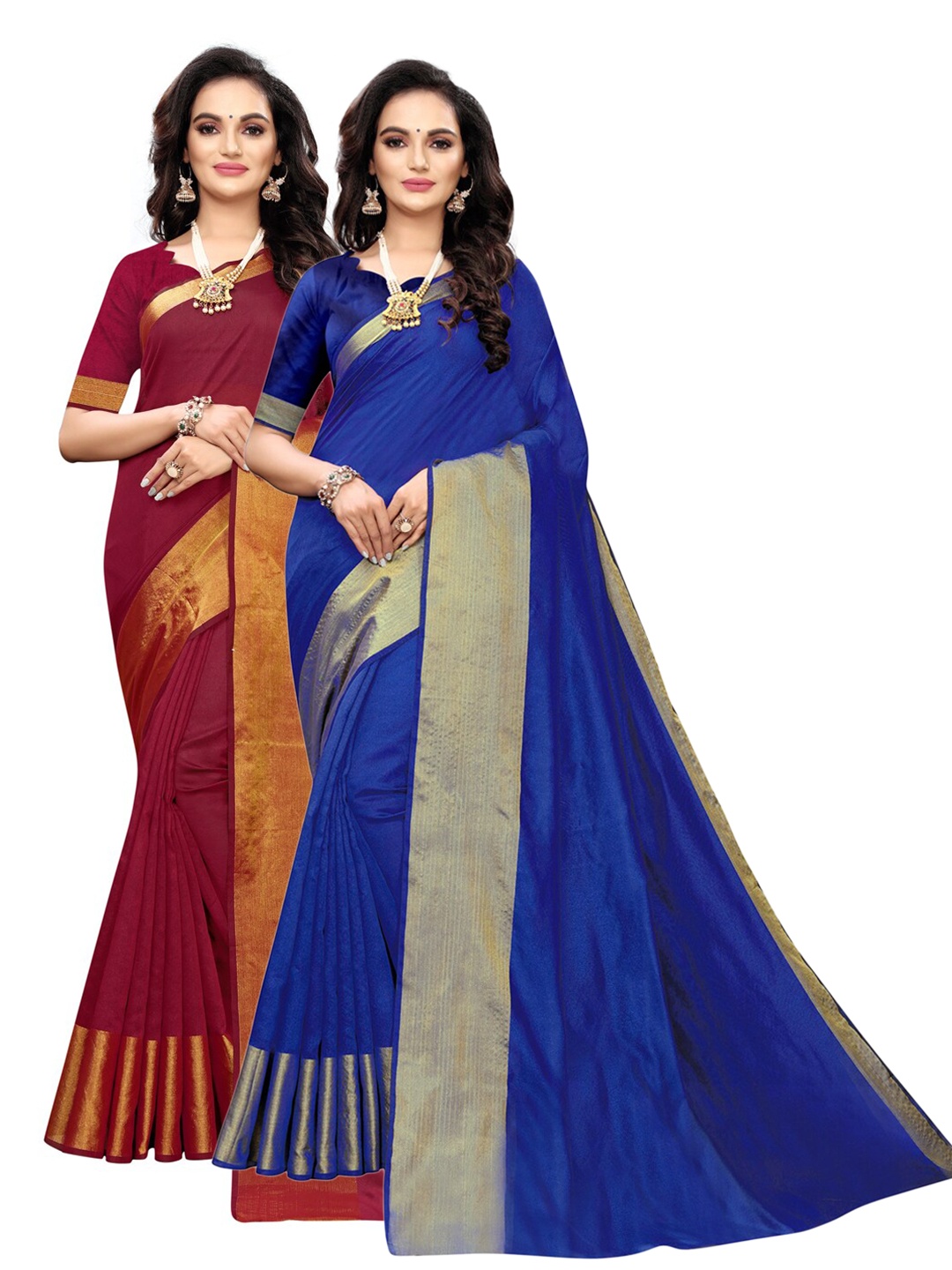 

KALINI Maroon & Blue Pack of 2 Woven Design Silk Cotton Saree