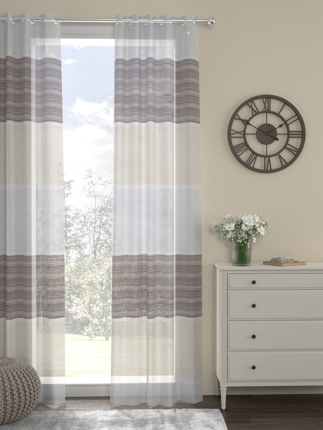 

ROSARA HOME White & Brown Striped Sheer Door Curtain
